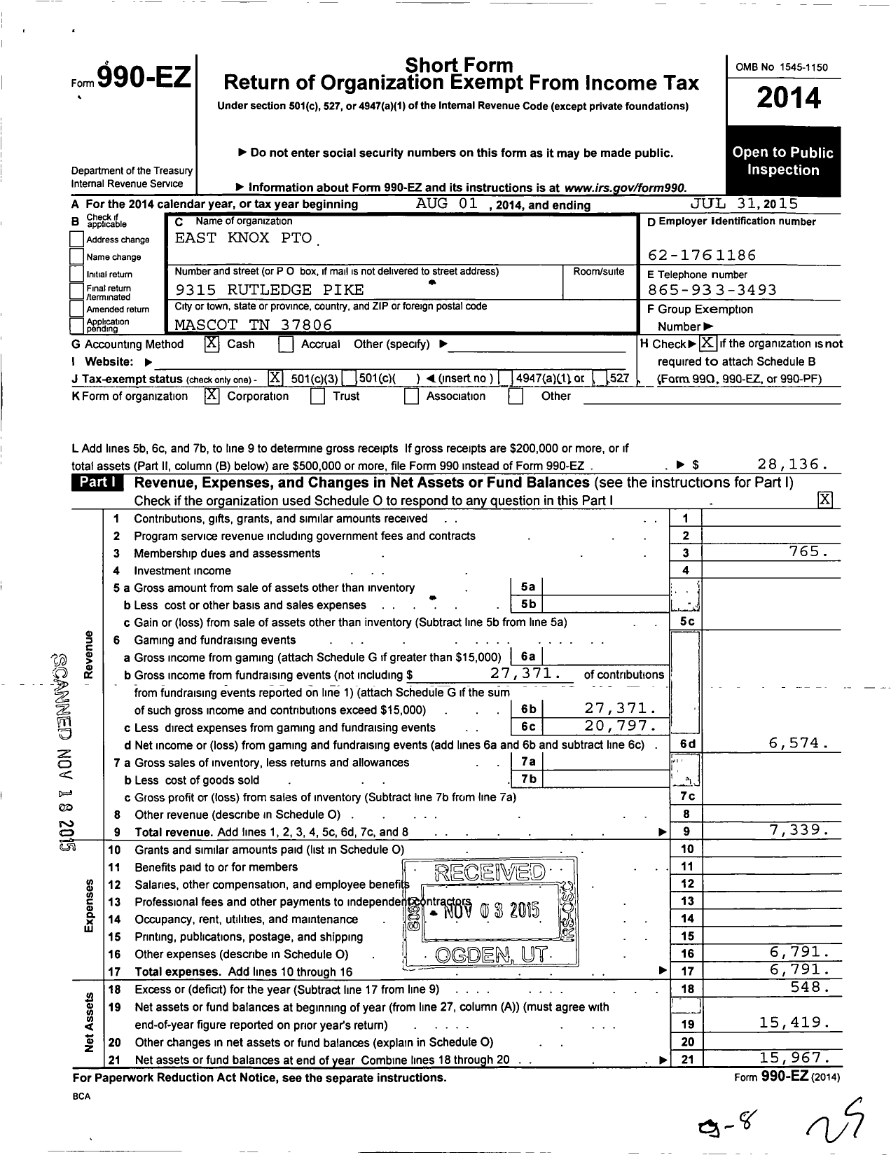 Image of first page of 2014 Form 990EZ for Pto East Knox