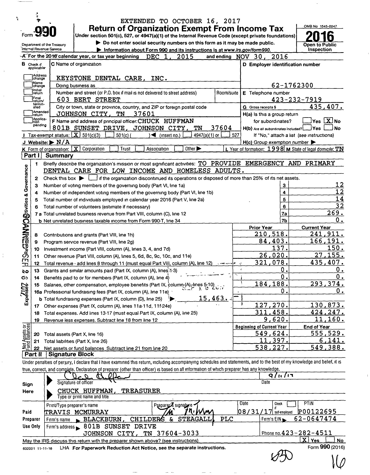 Image of first page of 2015 Form 990 for Keystone Dental Care