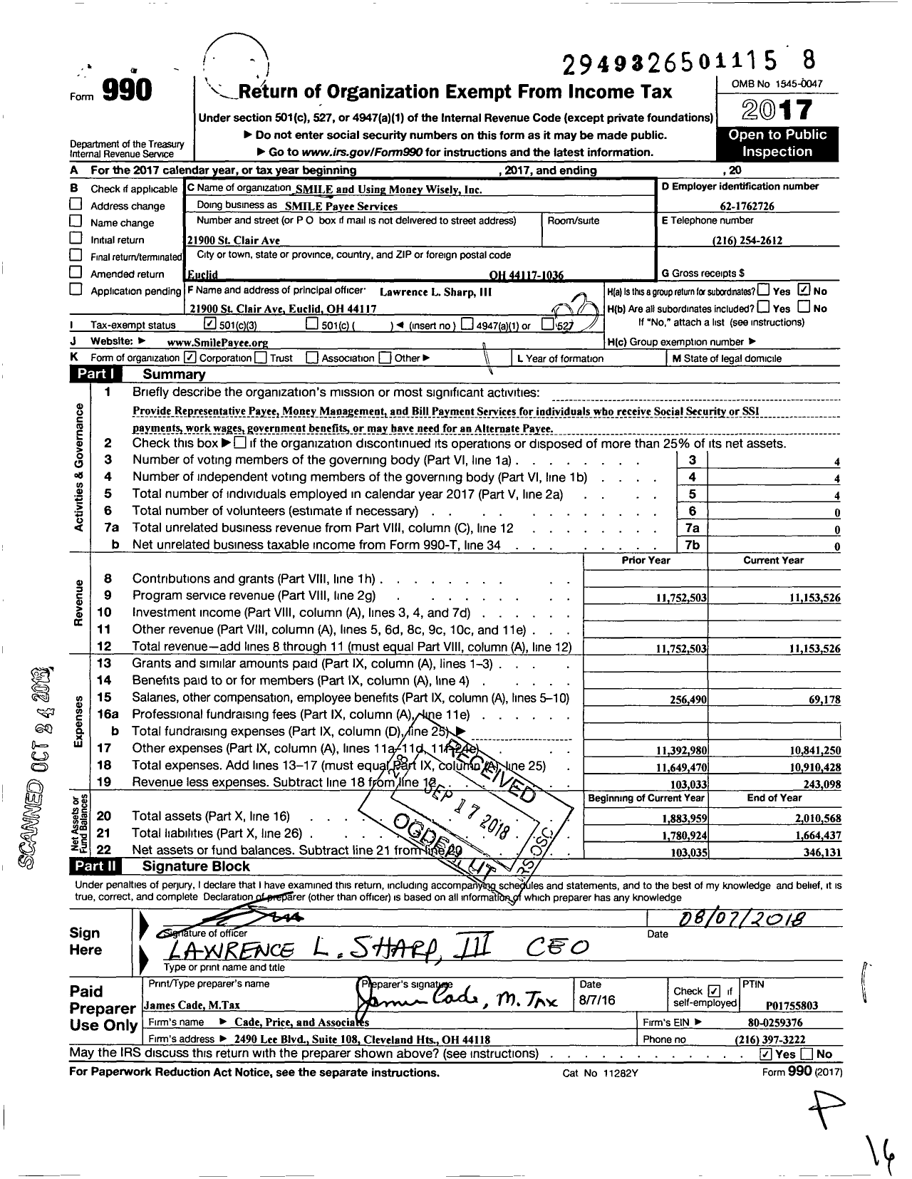 Image of first page of 2017 Form 990 for Smile Payee Services