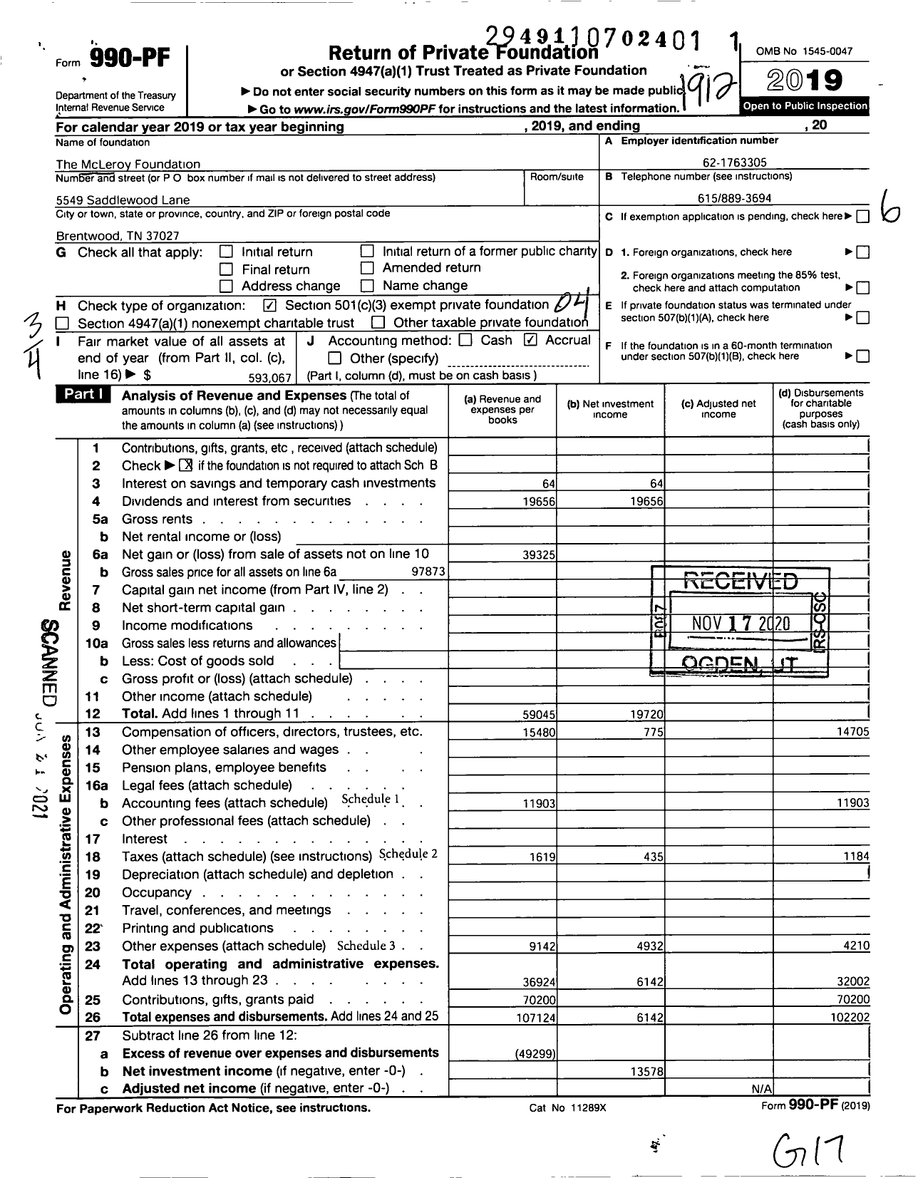 Image of first page of 2019 Form 990PF for The Mcleroy Foundation