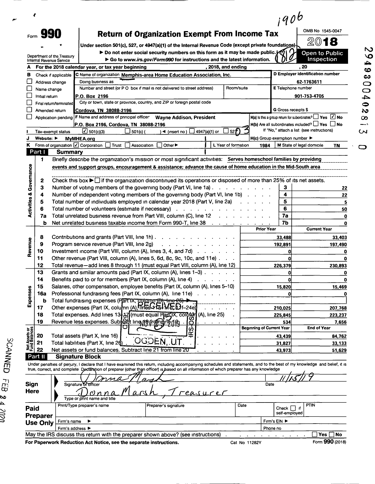 Image of first page of 2018 Form 990 for Memphis-Area Home Education Association