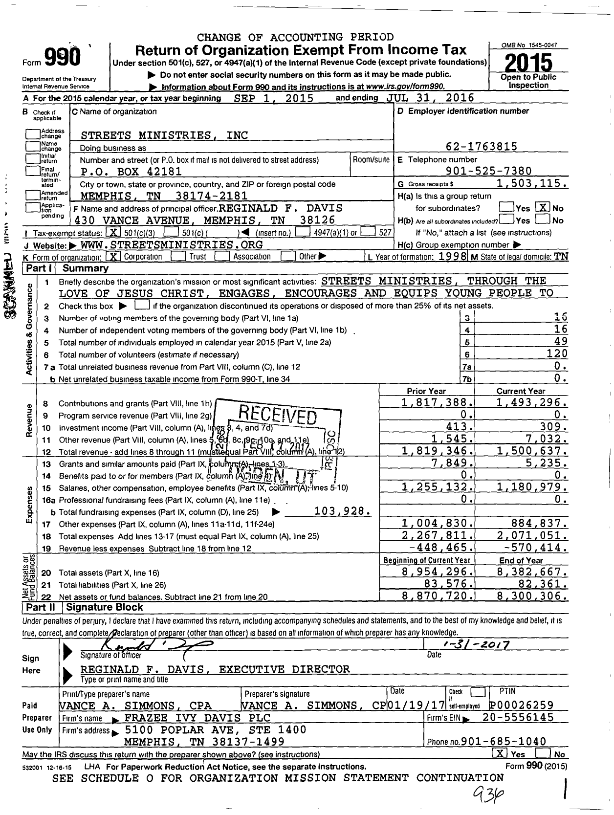Image of first page of 2015 Form 990 for Streets Ministries