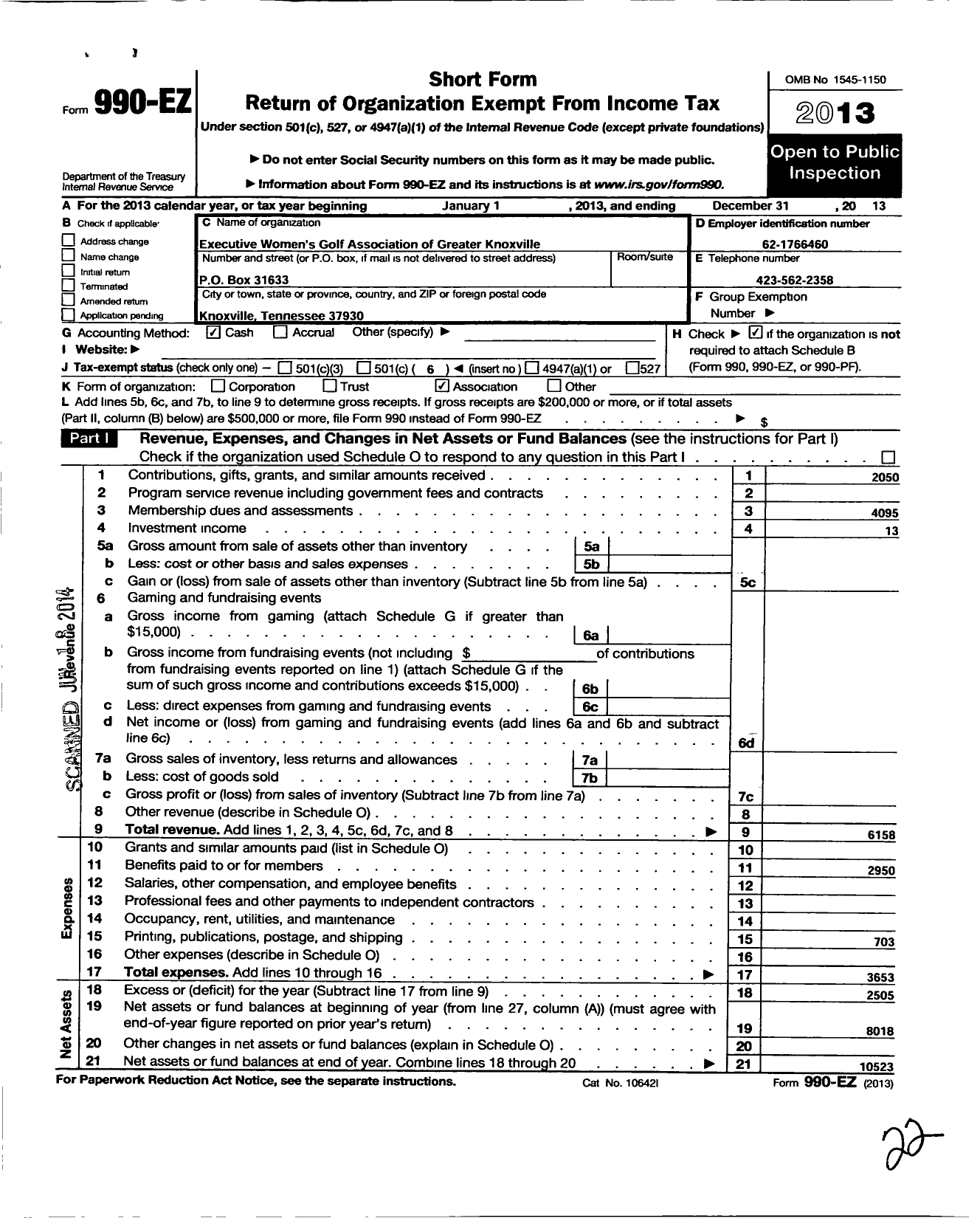 Image of first page of 2013 Form 990EO for Executive Womens Golf Association / Greater Knoxville TN Chapter