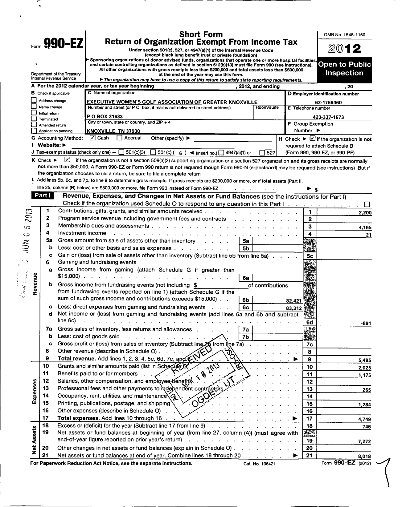 Image of first page of 2012 Form 990EO for Executive Womens Golf Association / Greater Knoxville TN Chapter