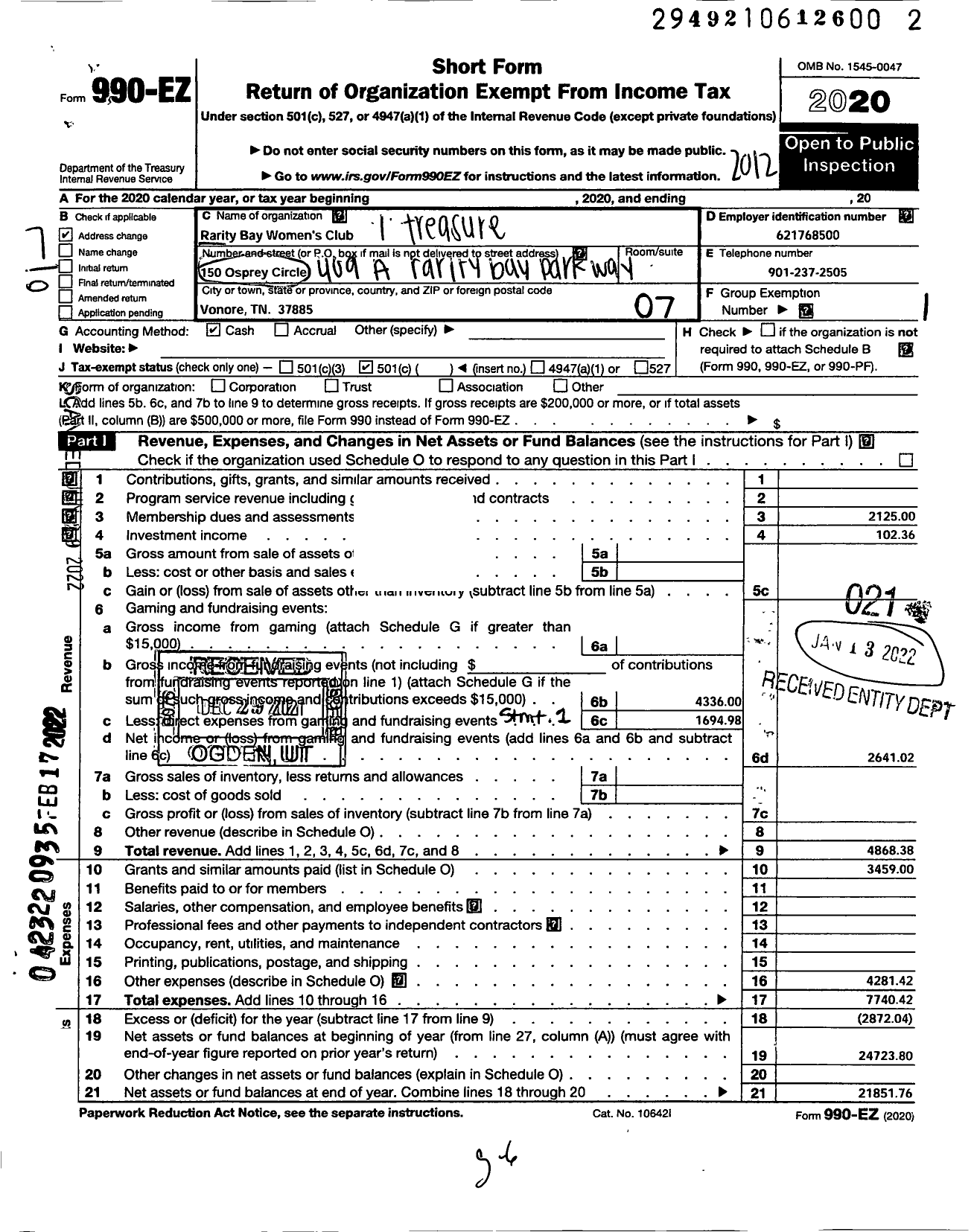 Image of first page of 2020 Form 990EO for Rarity Bay Womens Club