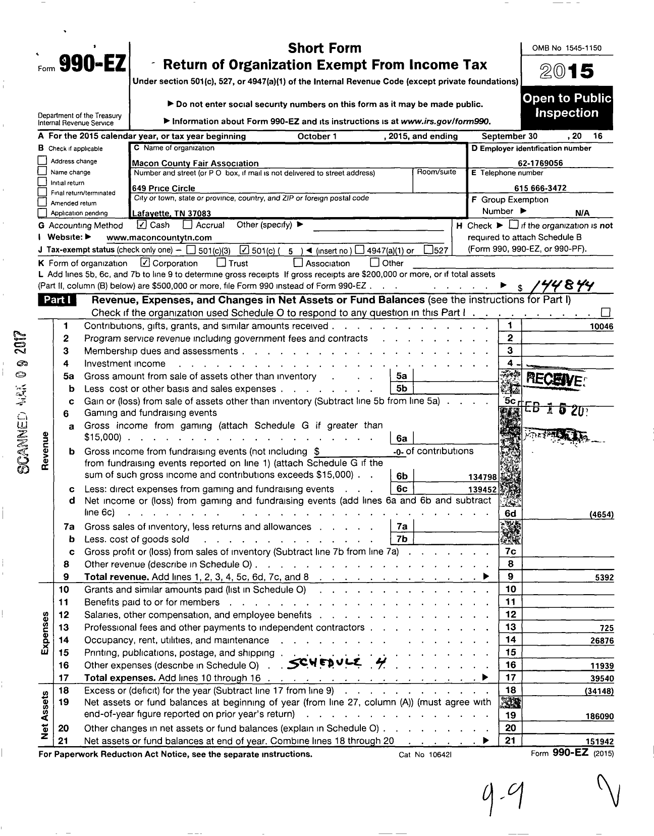 Image of first page of 2015 Form 990EO for Macon County Fair Association