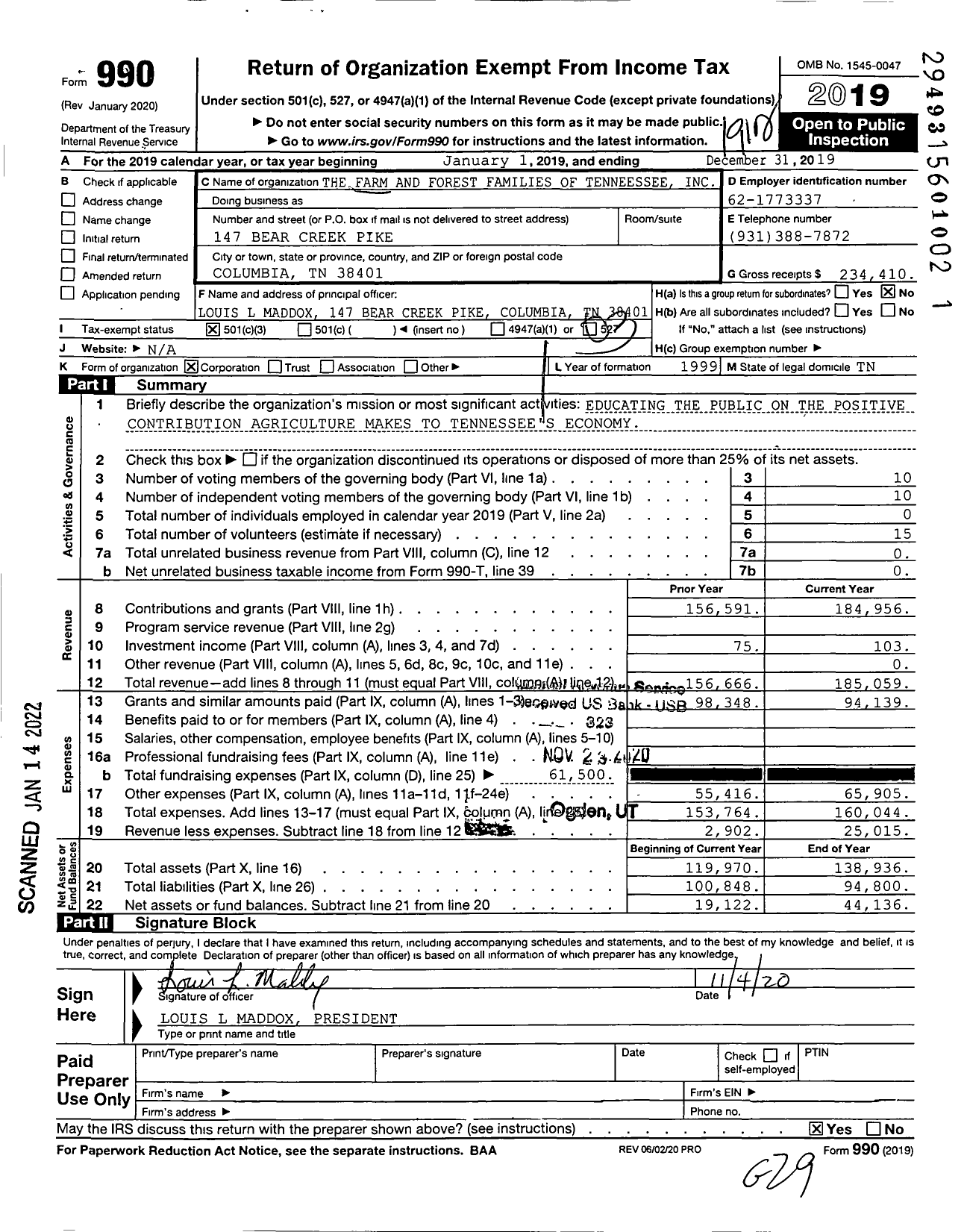 Image of first page of 2019 Form 990 for The Farm and Forest Families of Tennessee