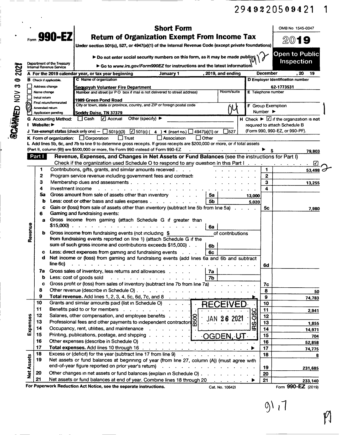 Image of first page of 2019 Form 990EO for Sequoyah Volunteer Fire Department