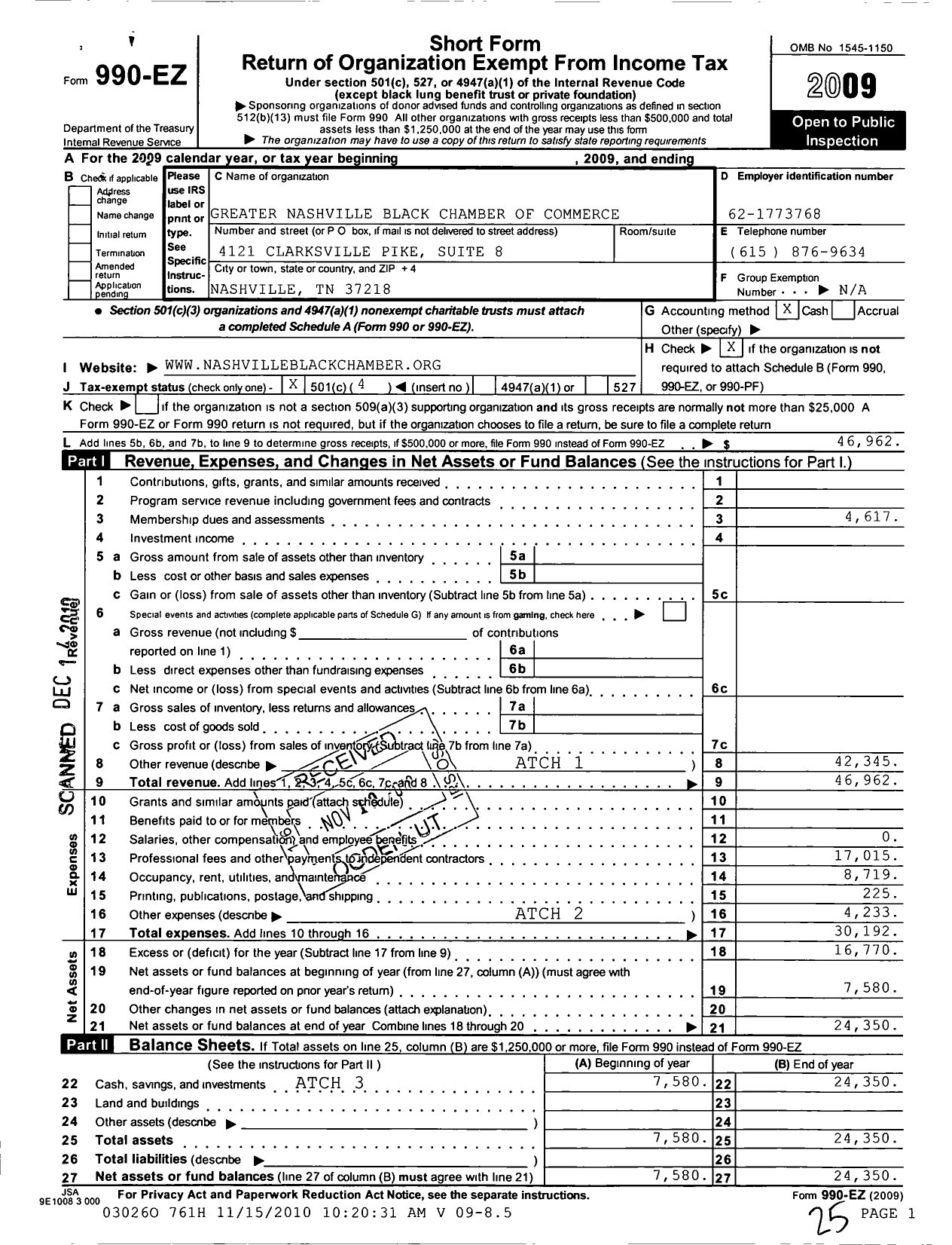 Image of first page of 2009 Form 990EO for Greater Nashville Black Chamber of Commerce