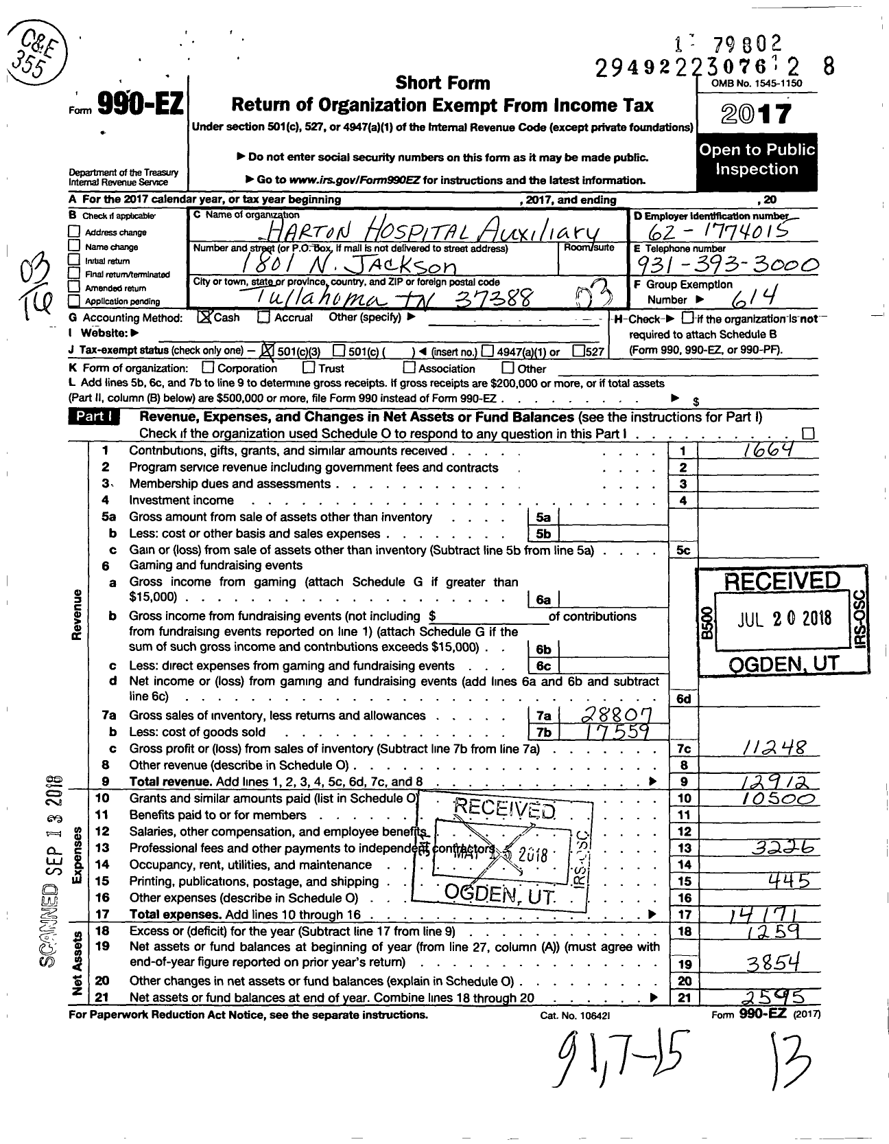 Image of first page of 2017 Form 990EZ for Harton Hospital Auxiliary