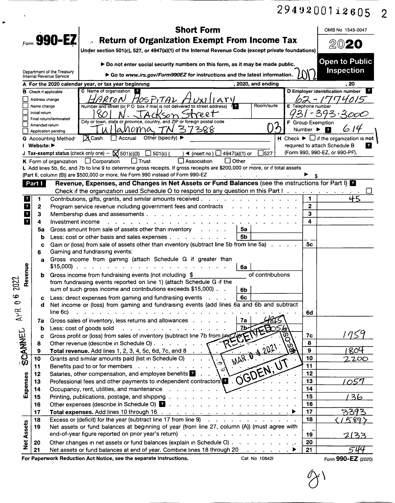 Image of first page of 2020 Form 990EZ for Harton Hospital Auxiliary