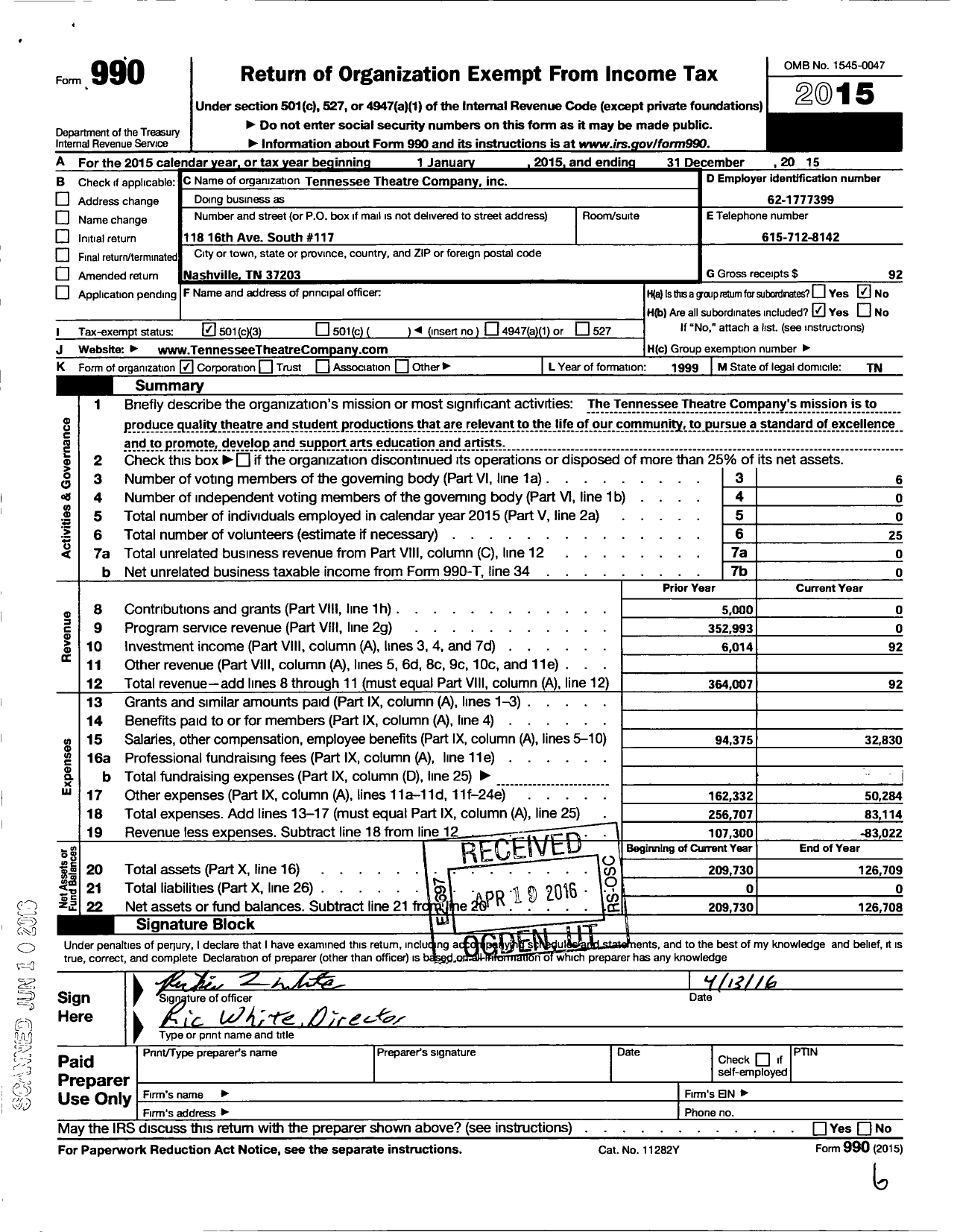 Image of first page of 2015 Form 990 for Tennessee Theater Company