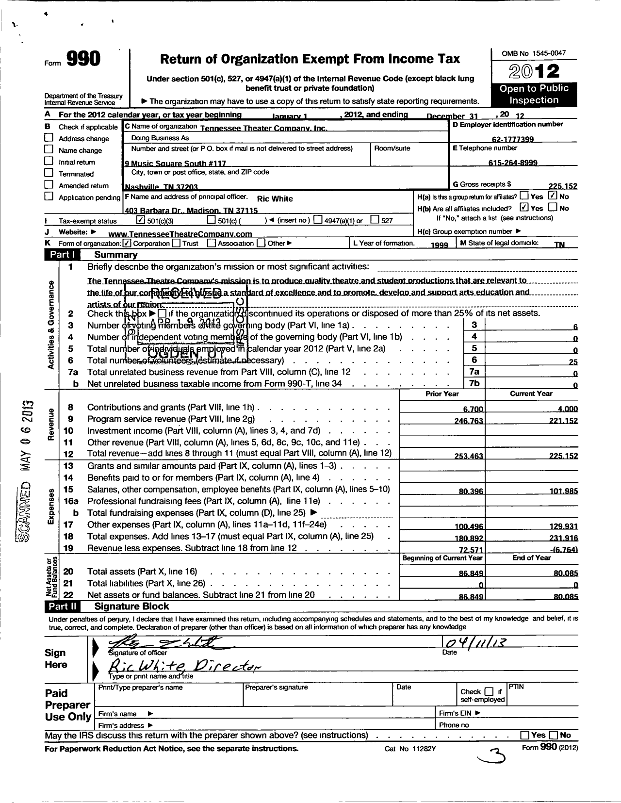 Image of first page of 2012 Form 990 for Tennessee Theater Company