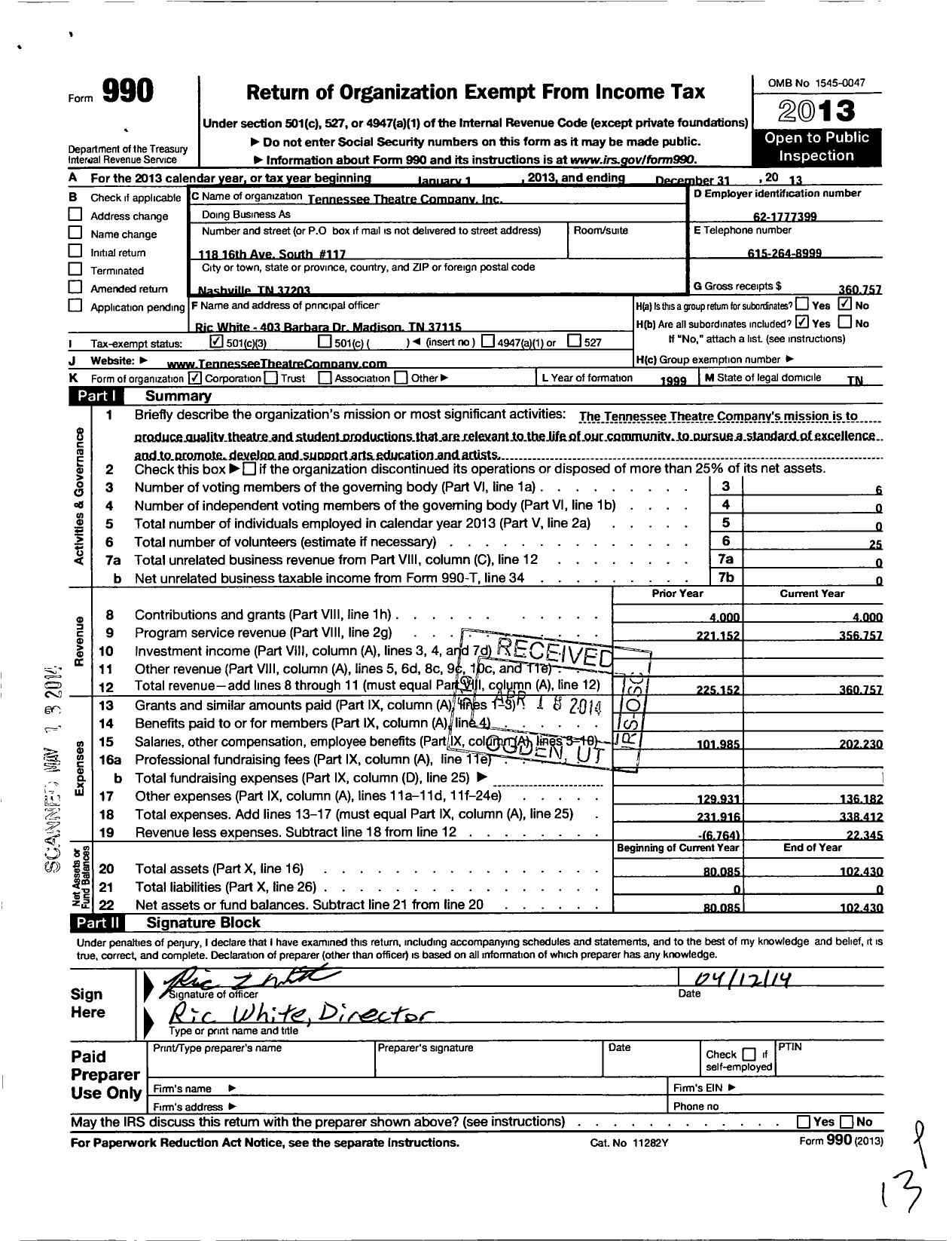 Image of first page of 2013 Form 990 for Tennessee Theater Company