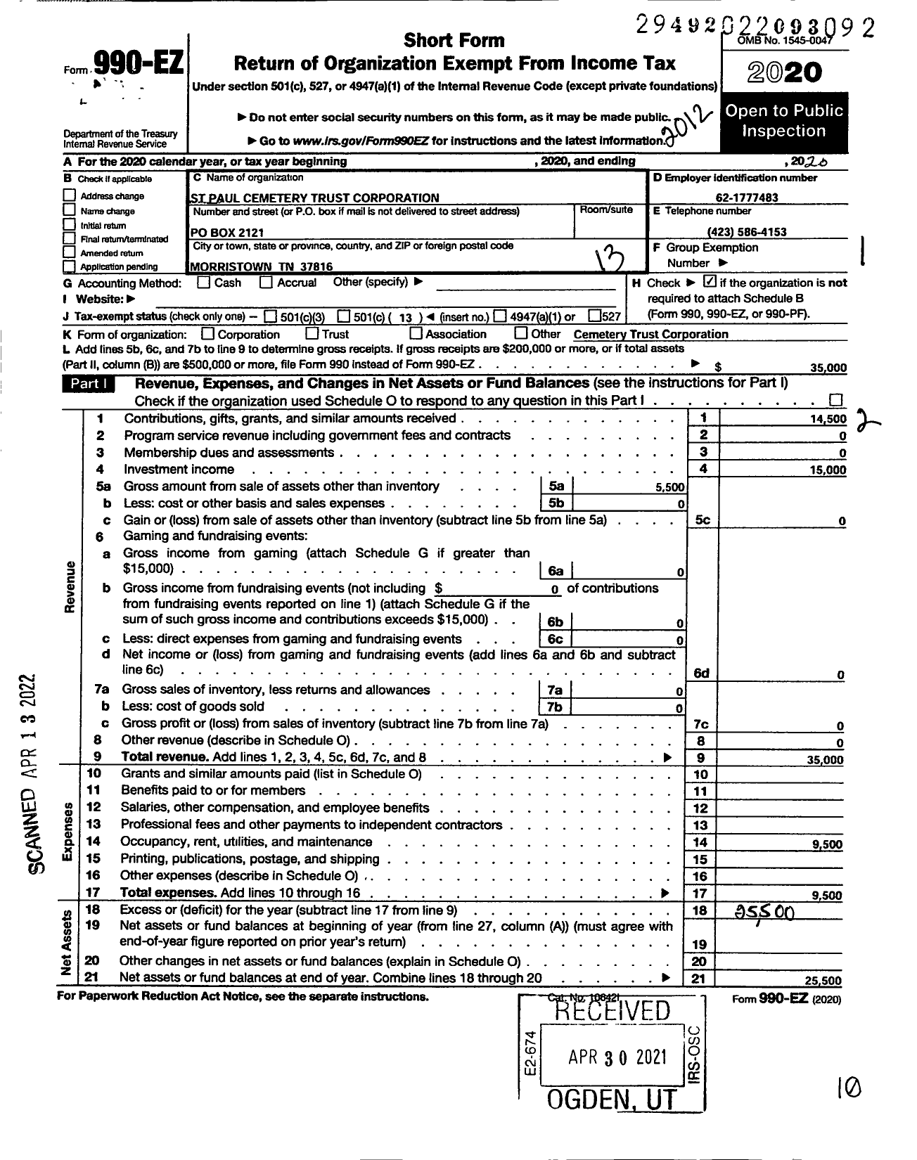 Image of first page of 2020 Form 990EO for St Paul Cemetery Trust Corporation