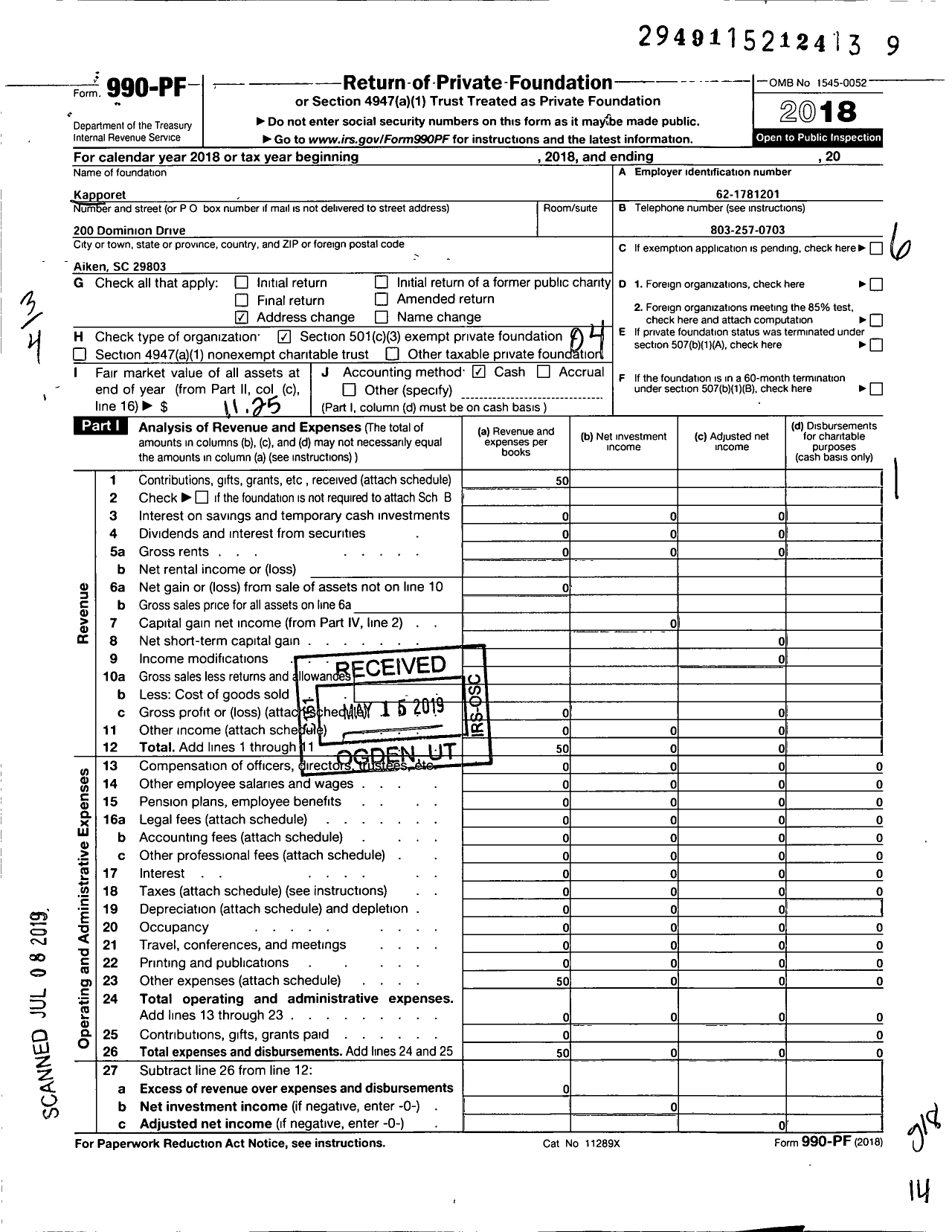 Image of first page of 2018 Form 990PF for Kapporet