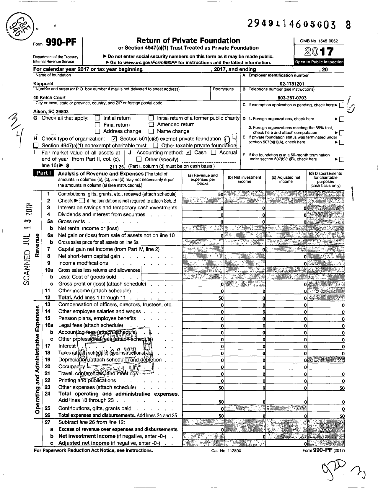 Image of first page of 2017 Form 990PF for Kapporet