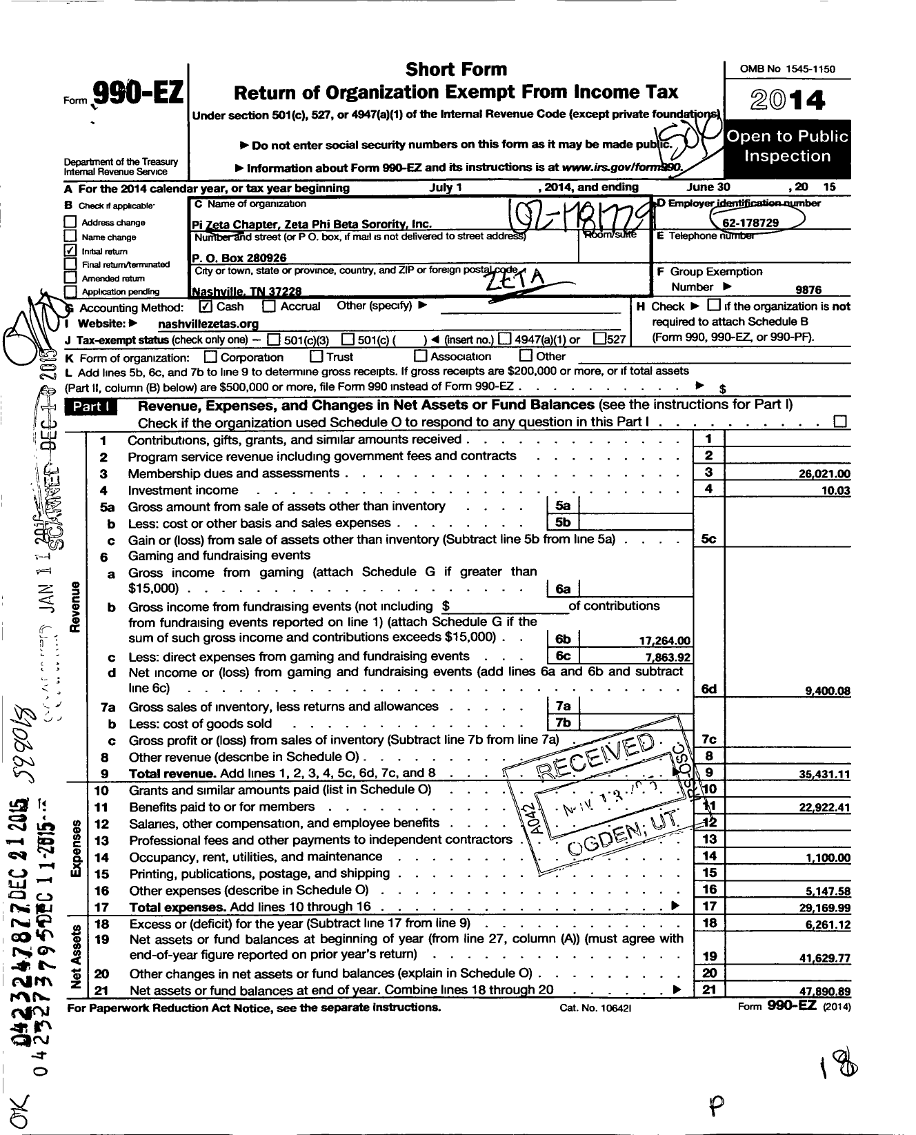 Image of first page of 2014 Form 990EO for Zeta Phi Beta Sorority