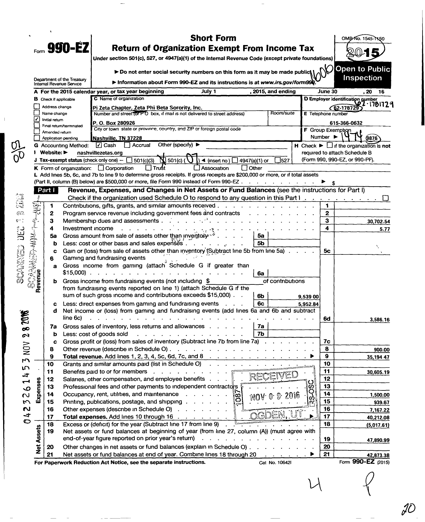 Image of first page of 2015 Form 990EO for Zeta Phi Beta Sorority