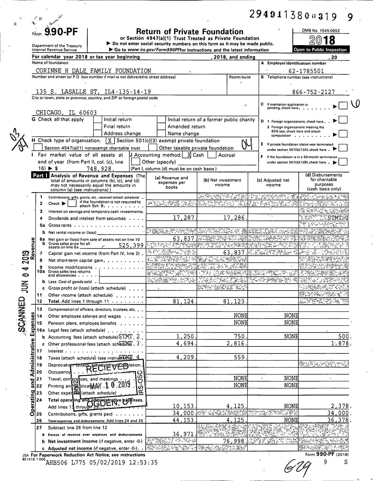 Image of first page of 2018 Form 990PF for Corinne H Dale Family Foundation