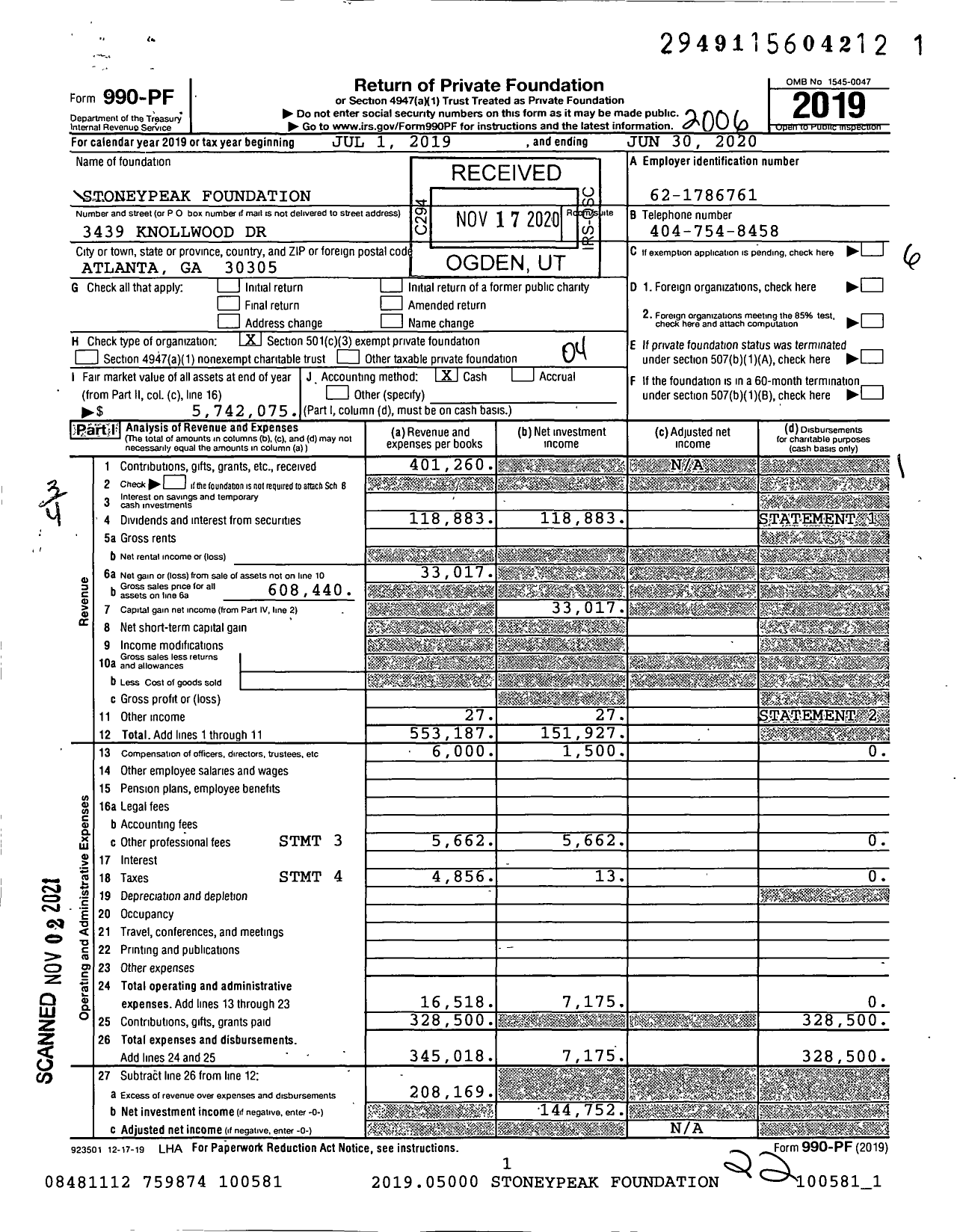 Image of first page of 2019 Form 990PF for Stoneypeak Foundation