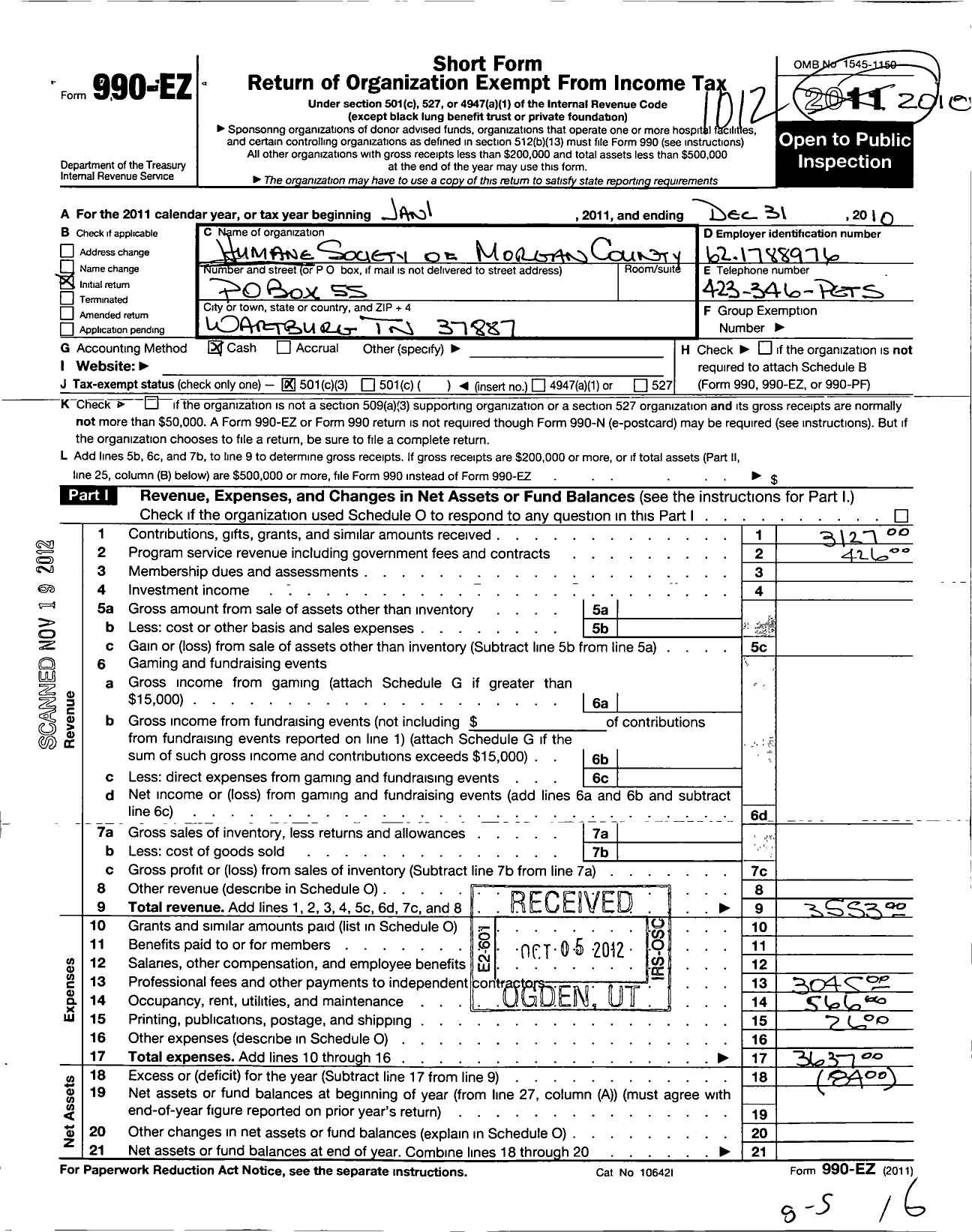 Image of first page of 2010 Form 990EZ for Humane Society of Morgan County