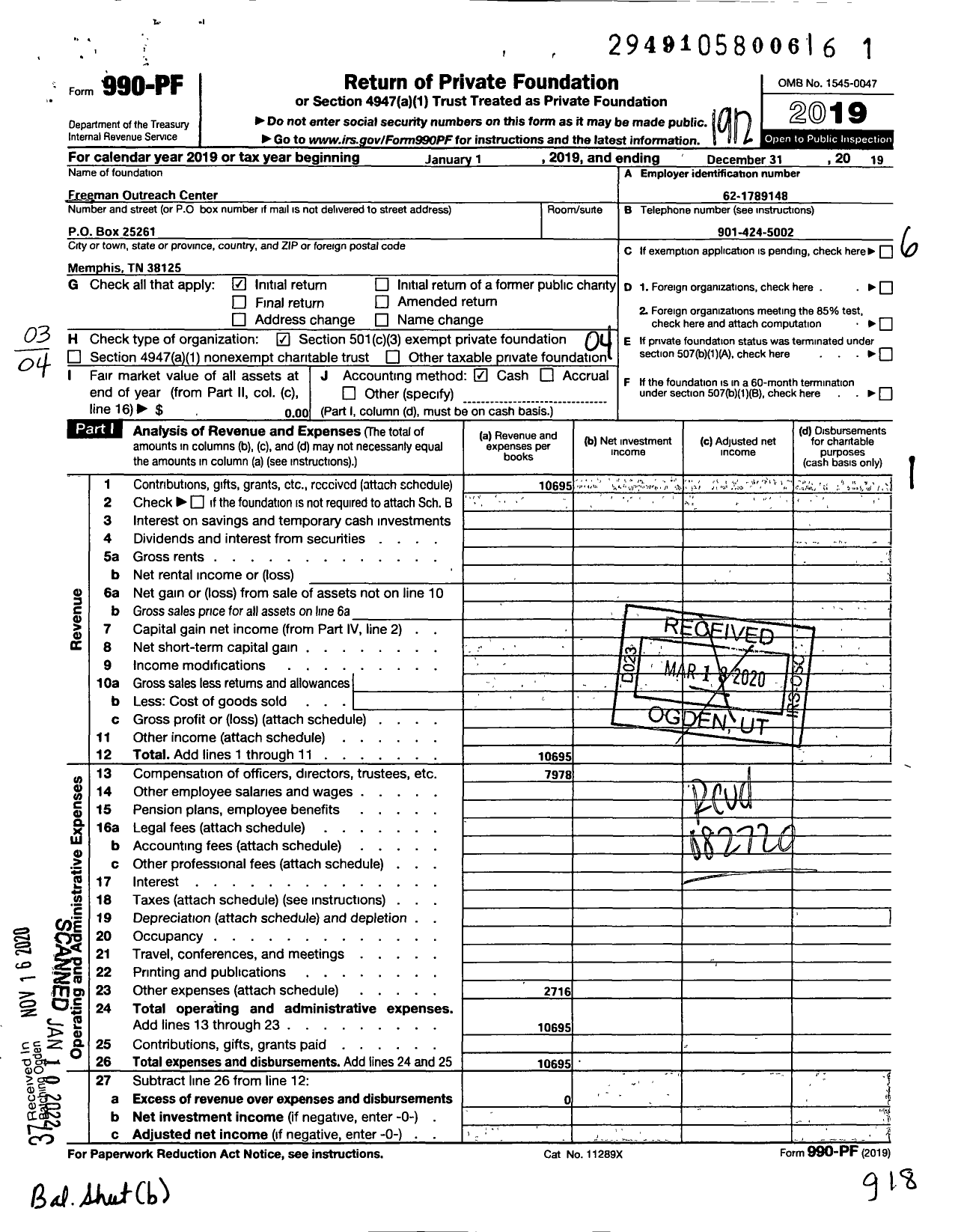 Image of first page of 2019 Form 990PF for Freemans Outreach Center