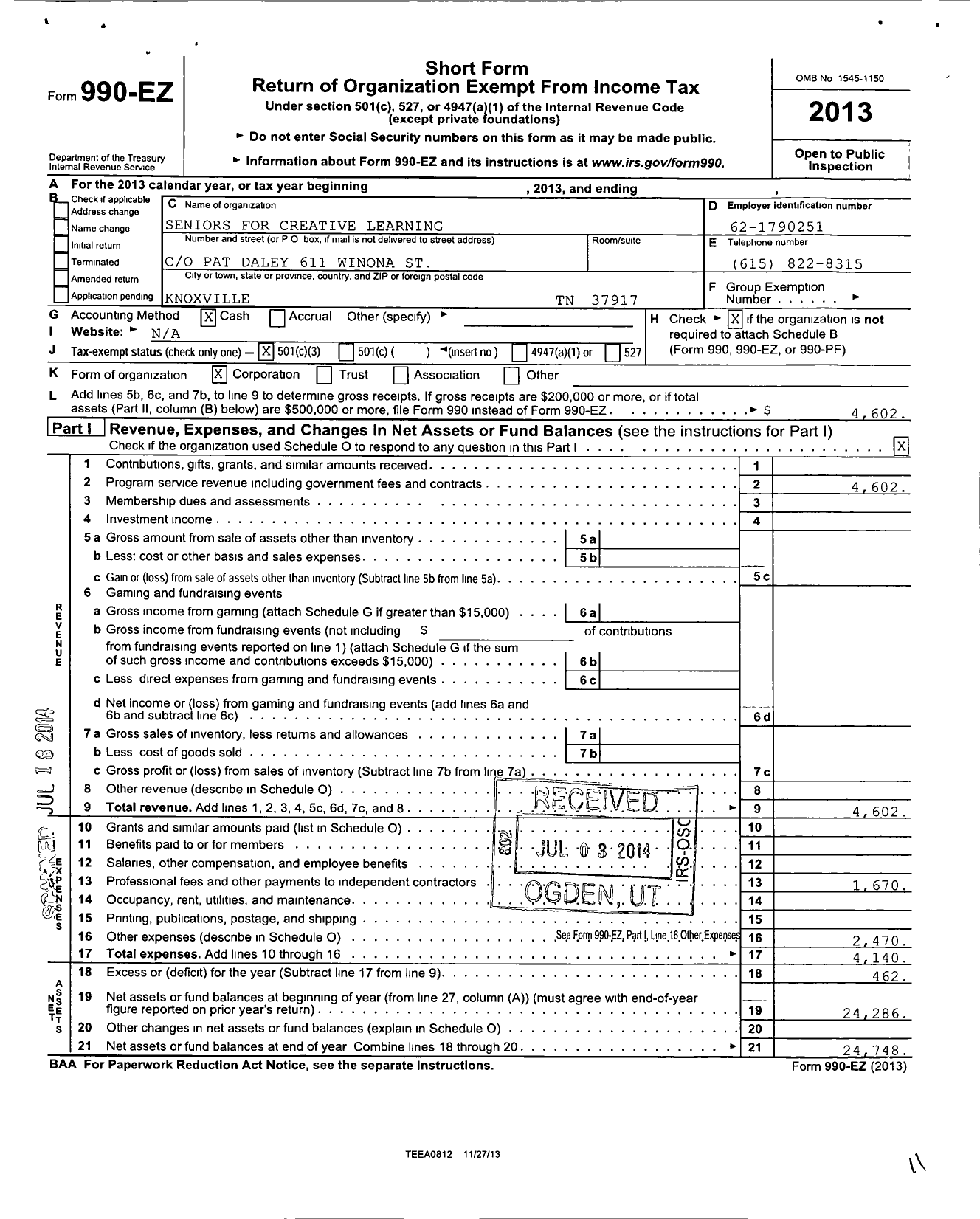 Image of first page of 2013 Form 990EZ for Seniors for Creative Learning