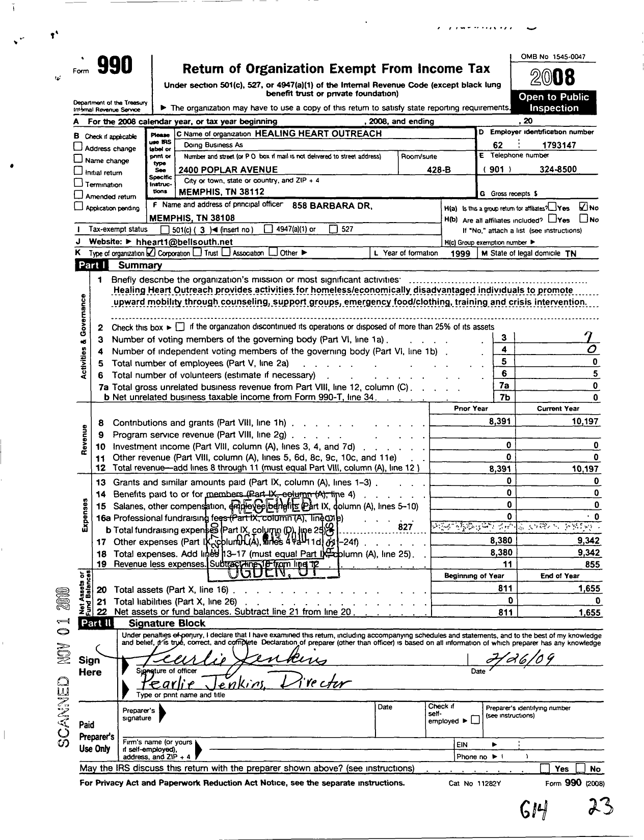 Image of first page of 2008 Form 990 for Healing Heart Outreach