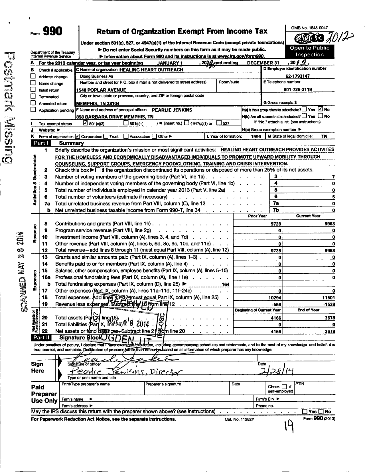 Image of first page of 2012 Form 990 for Healing Heart Outreach