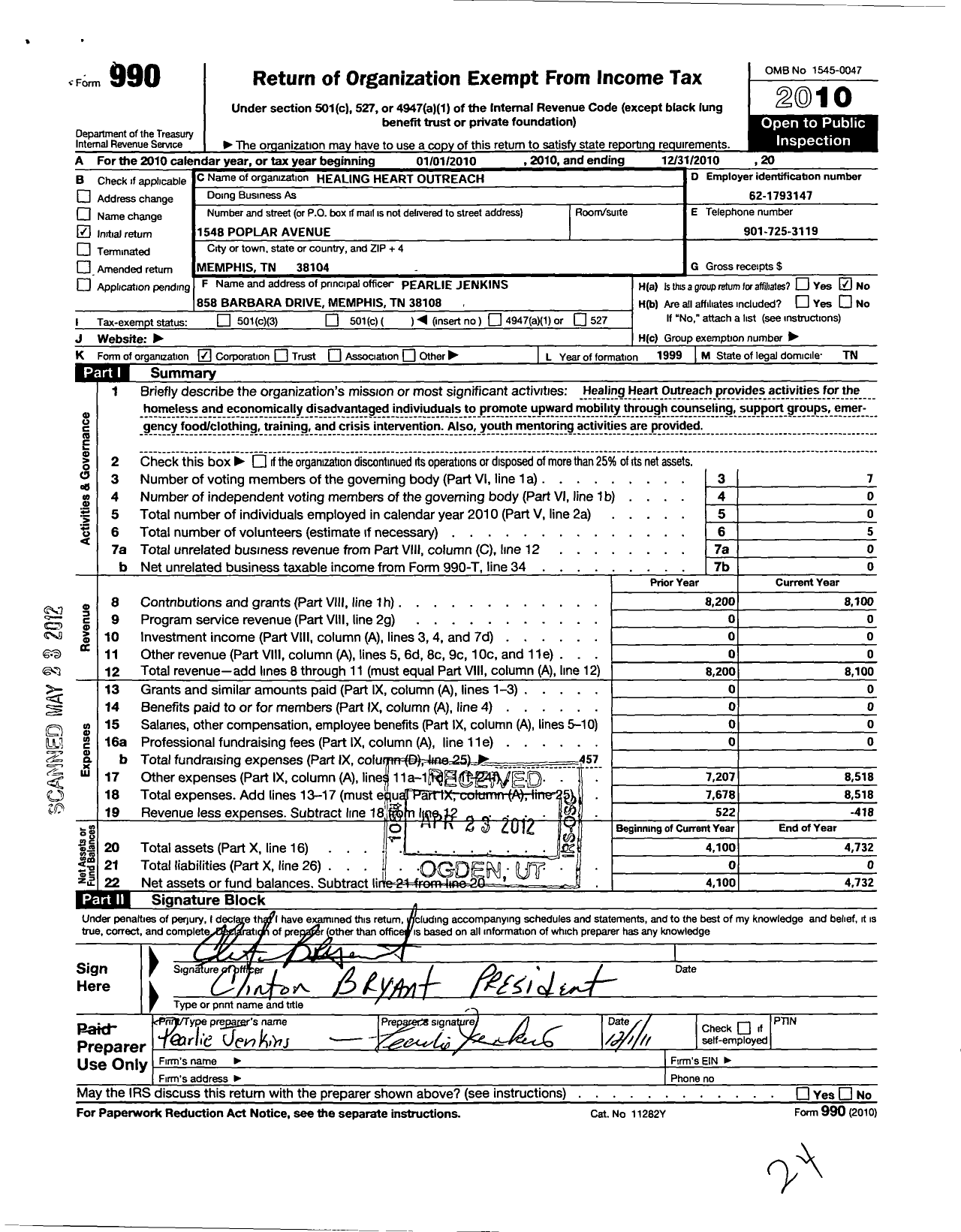 Image of first page of 2010 Form 990O for Healing Heart Outreach