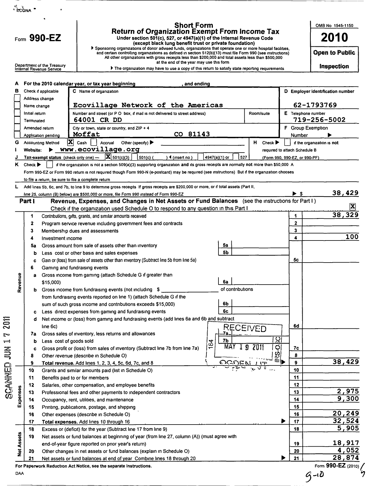 Image of first page of 2010 Form 990EZ for Global Ecovillage Network-United States