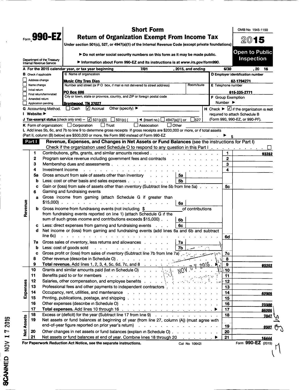 Image of first page of 2015 Form 990EZ for Music City Tres Dias