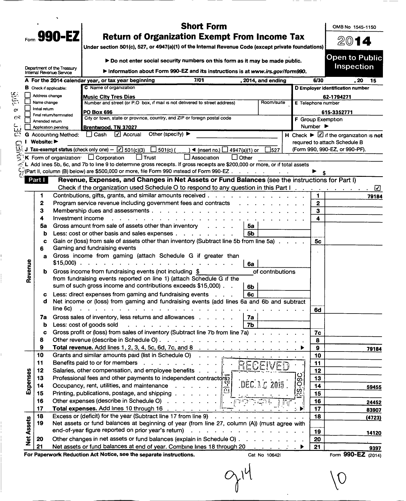 Image of first page of 2014 Form 990EZ for Music City Tres Dias