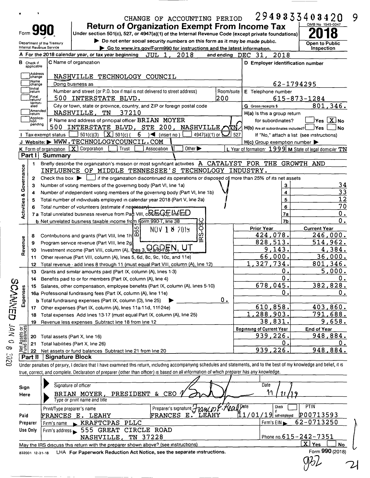 Image of first page of 2018 Form 990O for Nashville Technology Council