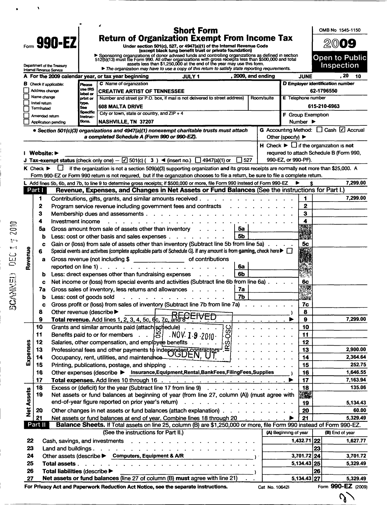 Image of first page of 2009 Form 990EZ for Creative Artists of Tennessee