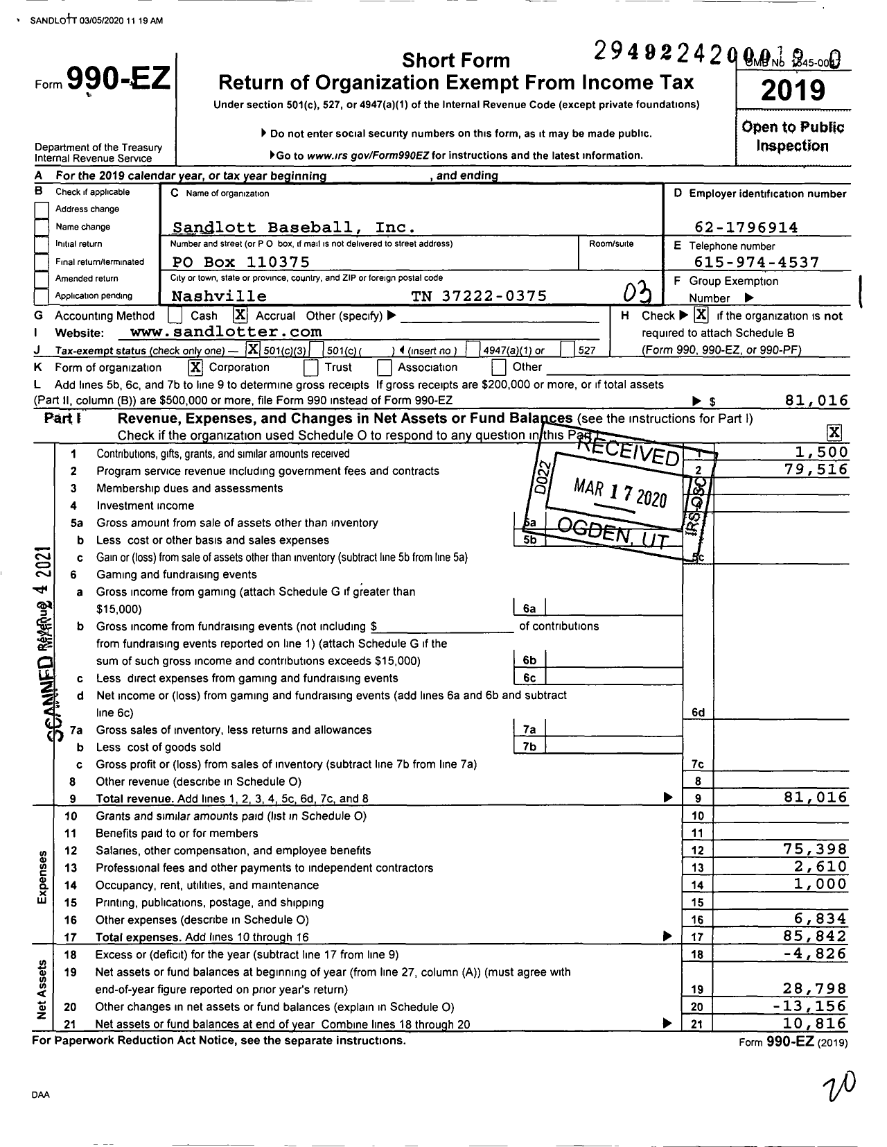 Image of first page of 2019 Form 990EZ for Sandlott Baseball