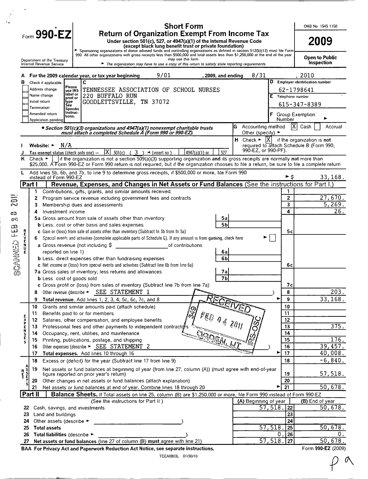Image of first page of 2009 Form 990EZ for Tennessee Association of School Nurses