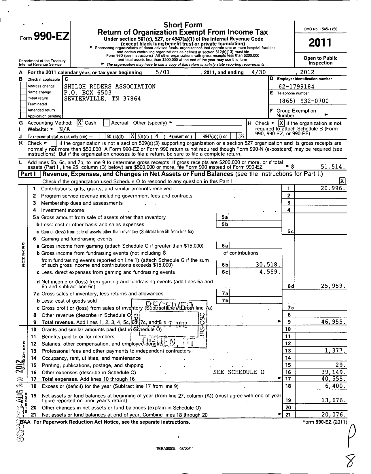 Image of first page of 2011 Form 990EO for Shiloh Riders Association