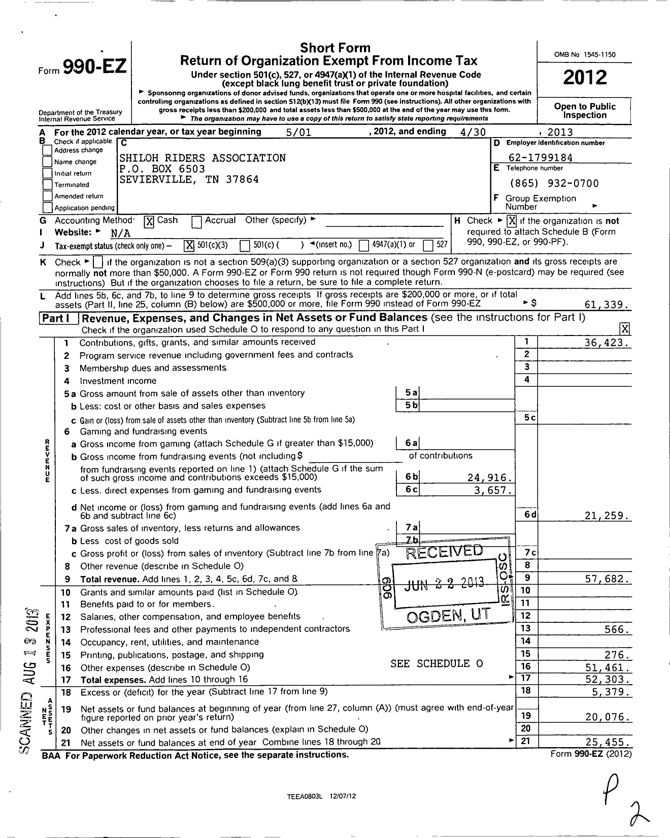 Image of first page of 2012 Form 990EZ for Shiloh Riders Association