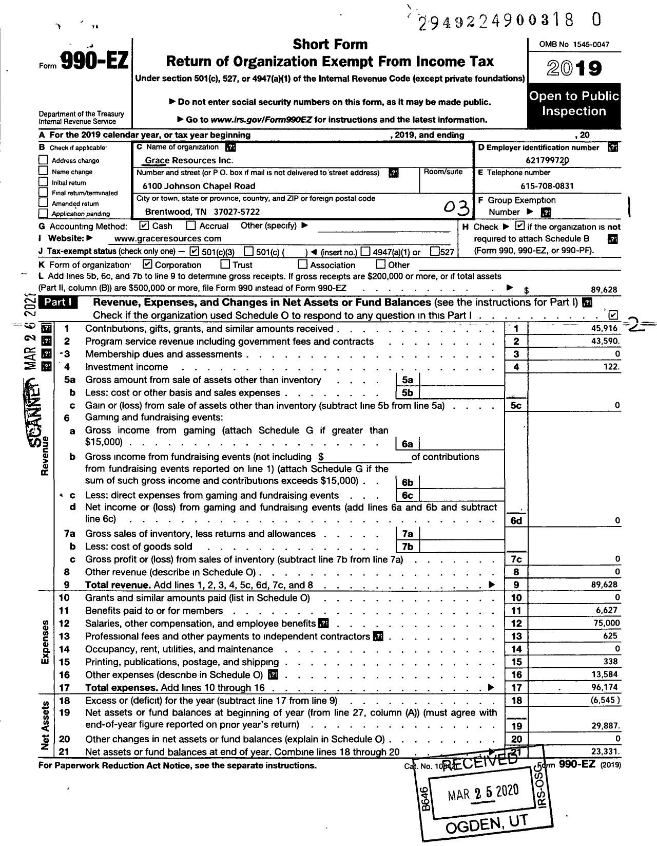 Image of first page of 2019 Form 990EZ for Grace Resources