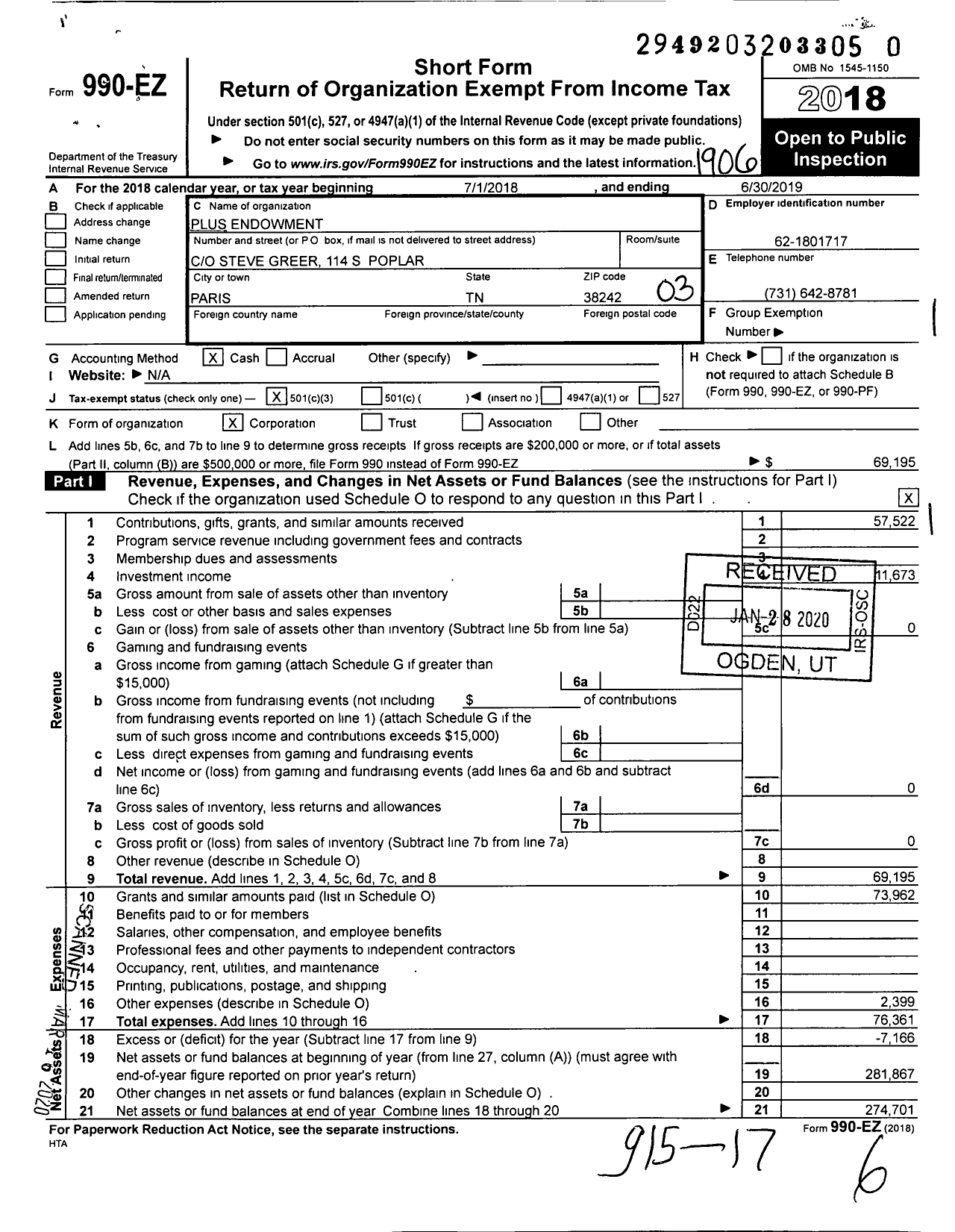 Image of first page of 2018 Form 990EZ for Plus Endowment