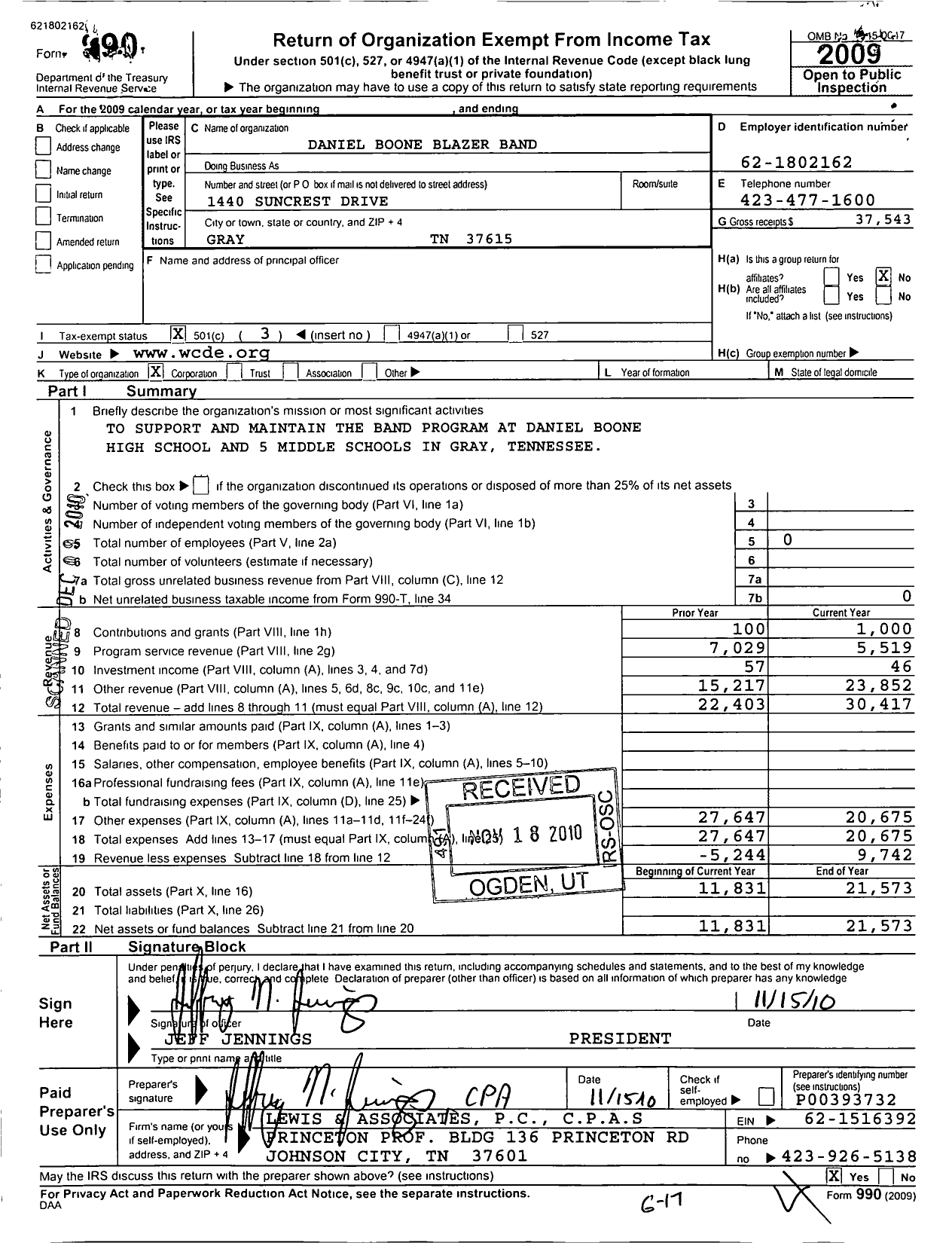 Image of first page of 2009 Form 990 for Daniel Boone Blazer Band