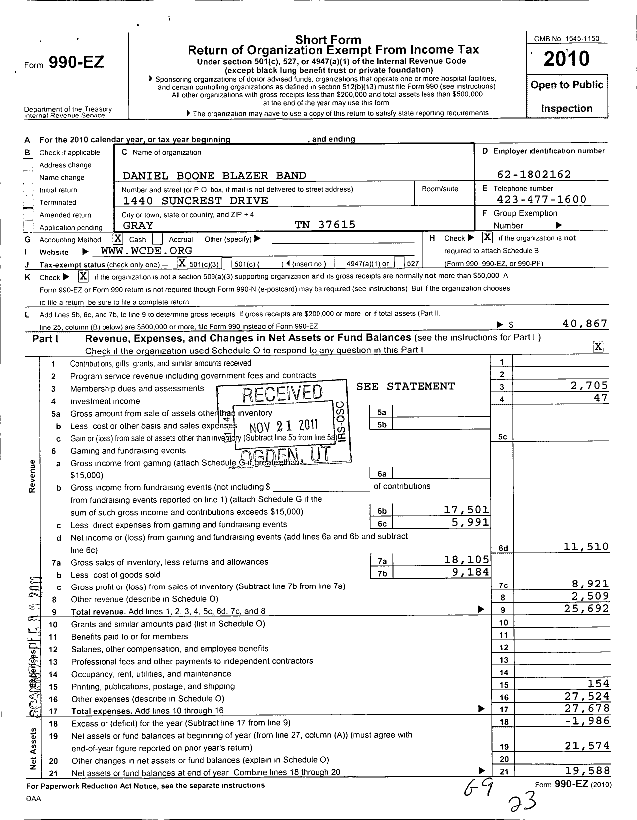 Image of first page of 2010 Form 990EZ for Daniel Boone Blazer Band