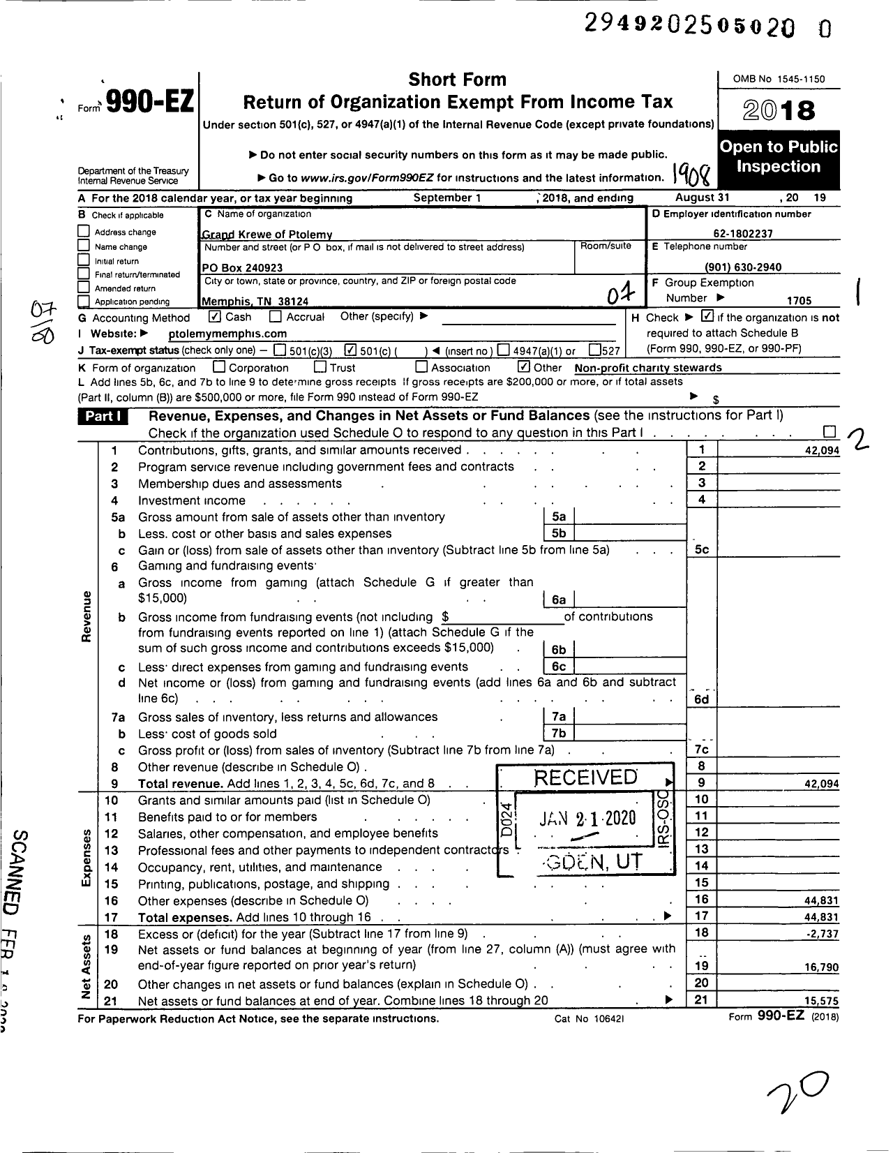 Image of first page of 2018 Form 990EO for Grand Krewe of Ptolemy