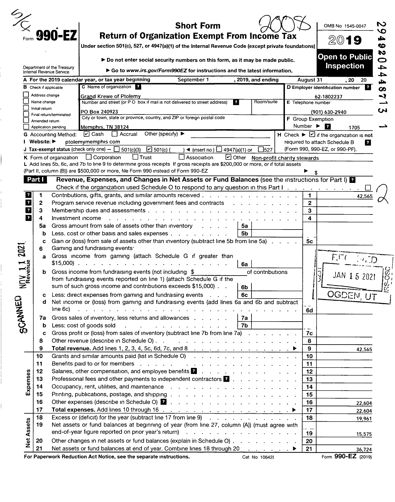 Image of first page of 2019 Form 990EO for Grand Krewe of Ptolemy