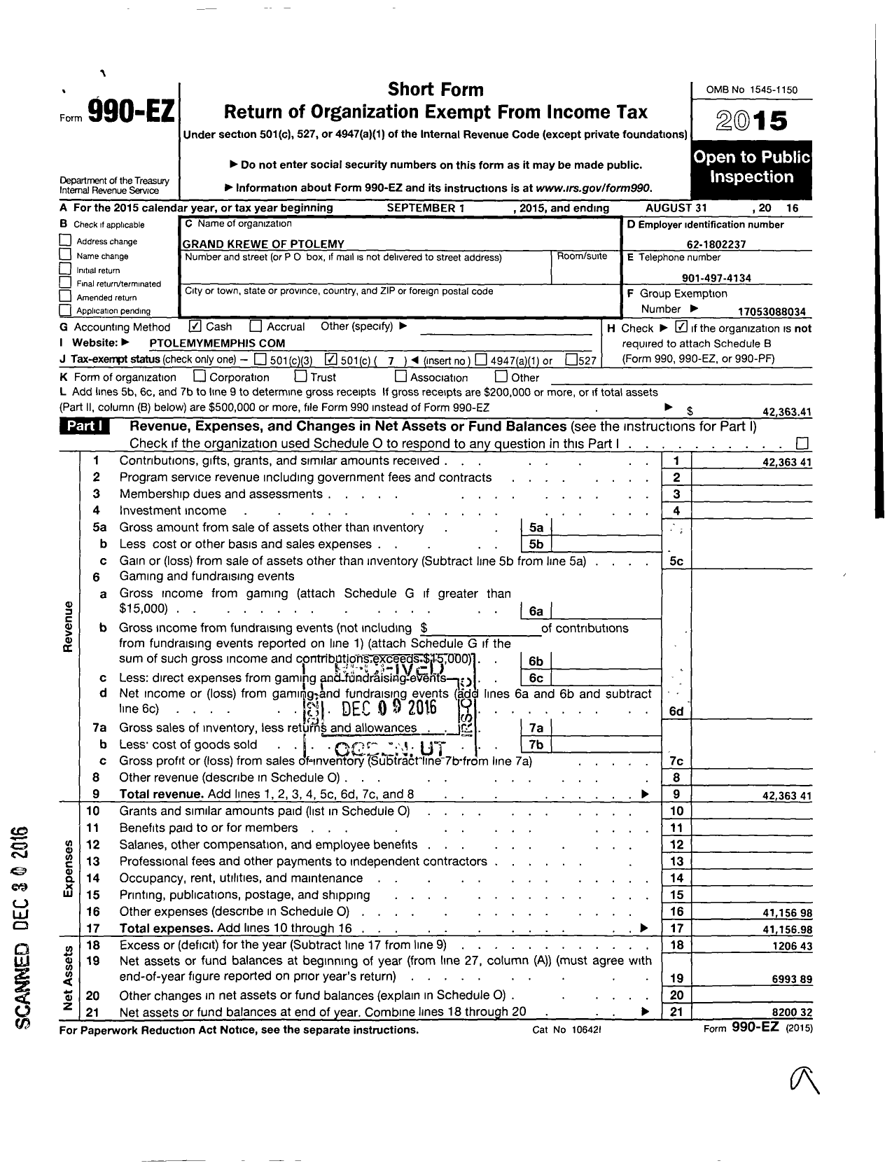 Image of first page of 2015 Form 990EO for Grand Krewe of Ptolemy