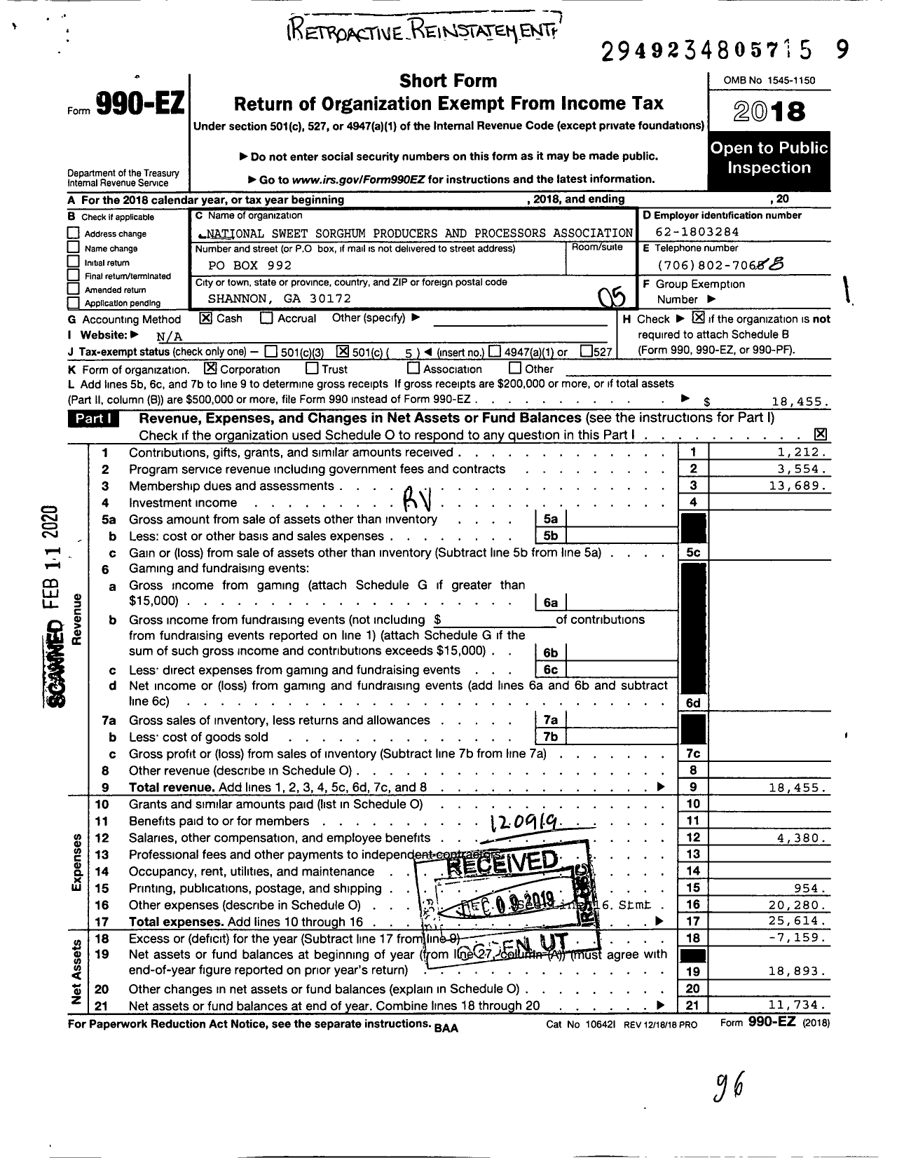 Image of first page of 2018 Form 990EO for National Sweet Sorghum Producers and Processors Association