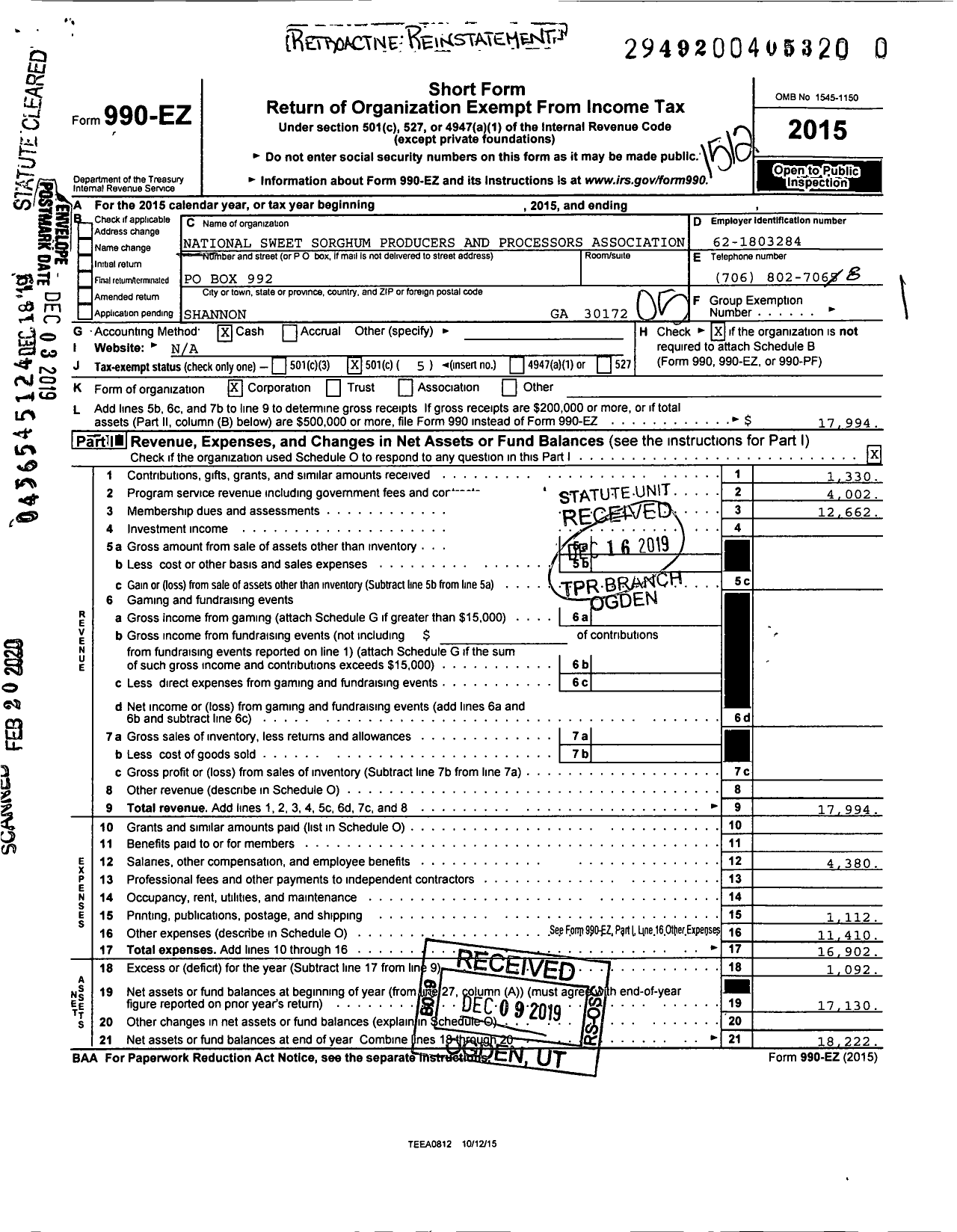 Image of first page of 2015 Form 990EO for National Sweet Sorghum Producers and Processors Association