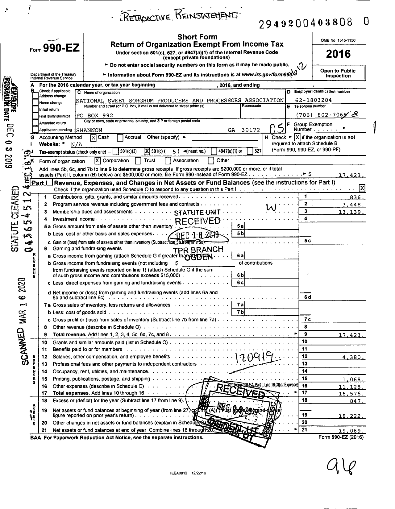 Image of first page of 2016 Form 990EO for National Sweet Sorghum Producers and Processors Association